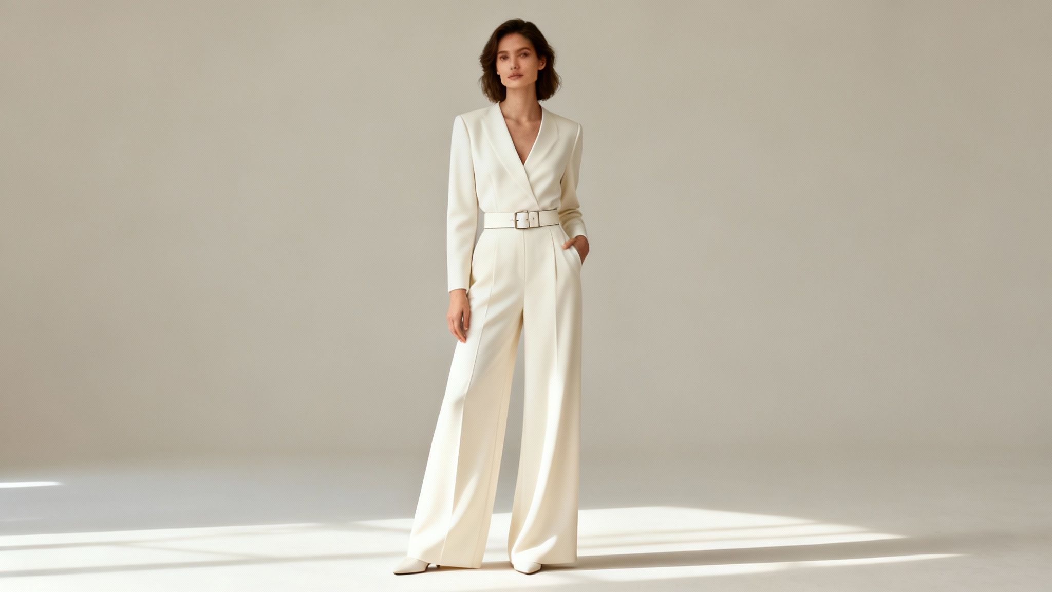 A stylish woman in an elegant cream pantsuit with a belt, posing confidently in a studio.