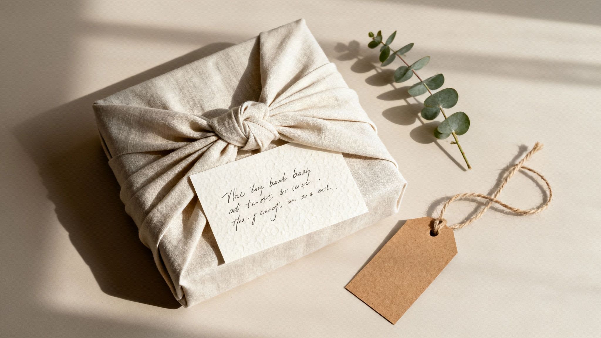 Elegant fabric-wrapped gift package with handwritten note, eucalyptus sprig, and kraft tag on neutral surface