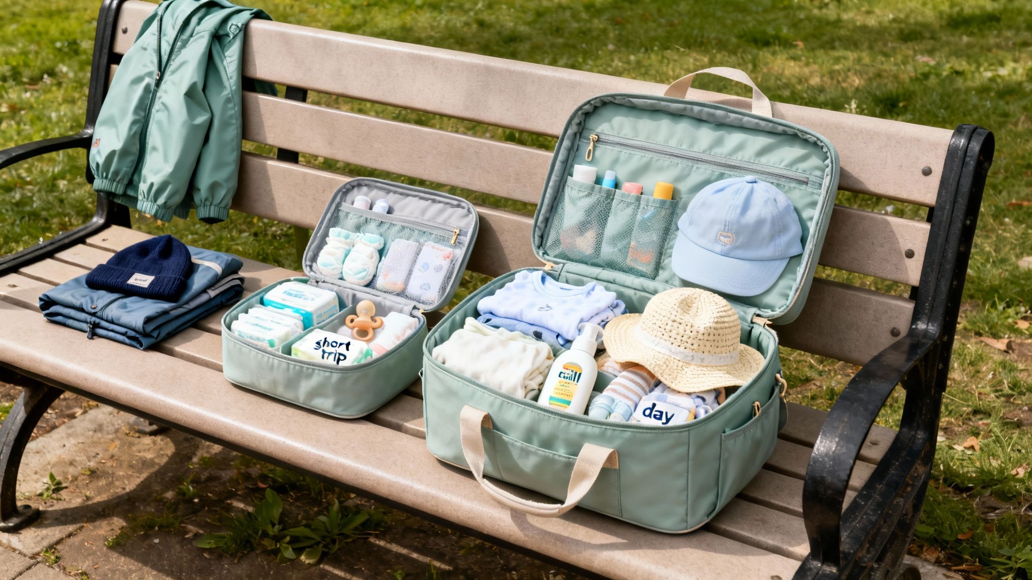 Two open nappy bags filled with baby essentials for a short trip and a day out, on a park bench.