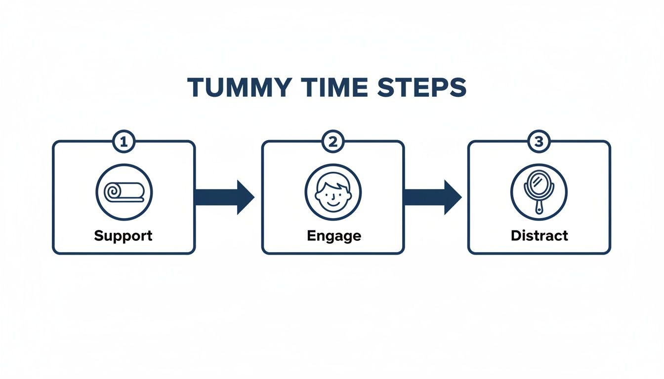 A flowchart outlining three steps for successful tummy time: Support, Engage, and Distract.