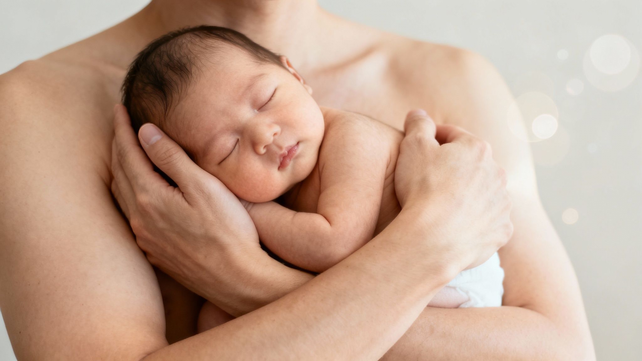 A shirtless father gently holds his sleeping newborn baby in a tender embrace.