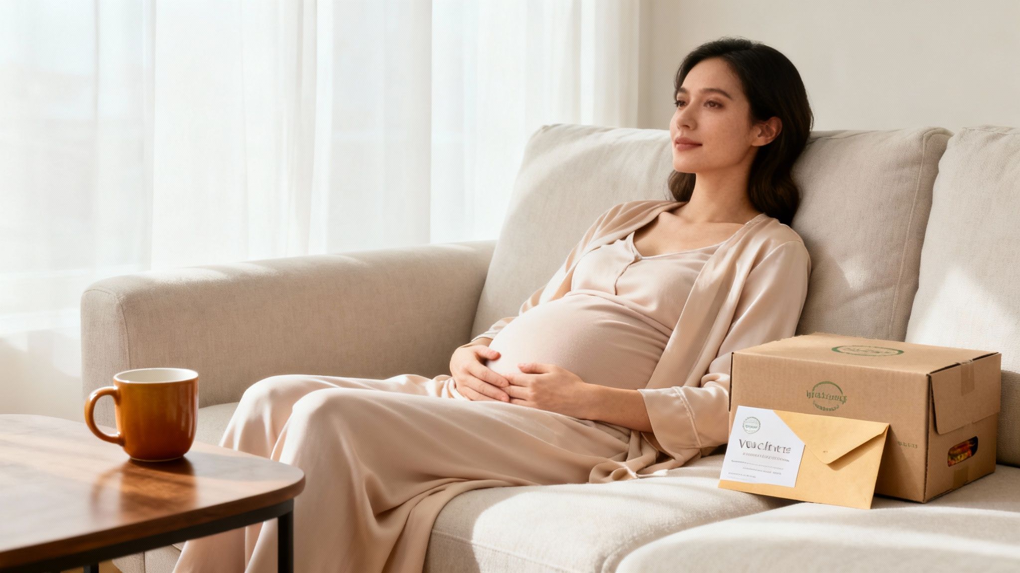 A pregnant woman peacefully resting on a sofa, gently holding her baby bump, with a delivery box nearby.