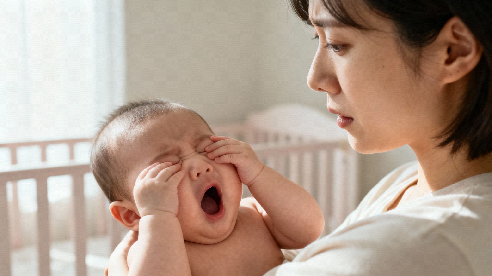 A tired baby yawns and rubs its eyes while a concerned mother holds it.
