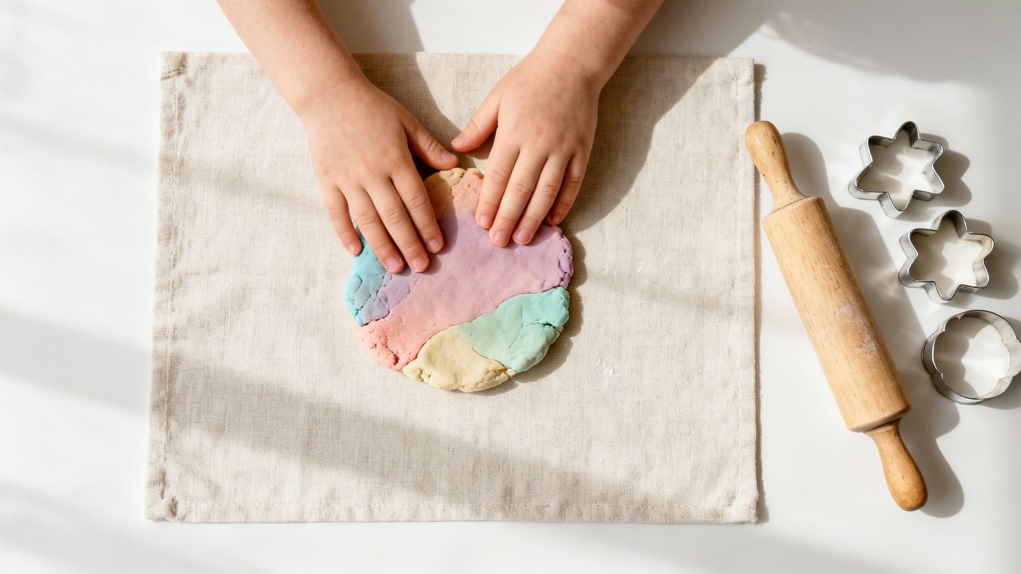 Child's hands pressing colorful craft dough on a linen cloth, with cookie cutters and a rolling pin nearby.