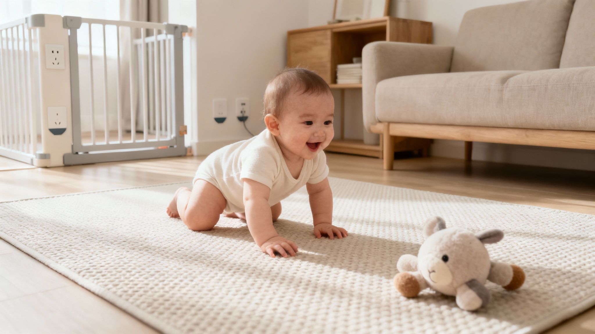 A parent gently holding their baby's feet while the baby lies on a soft surface