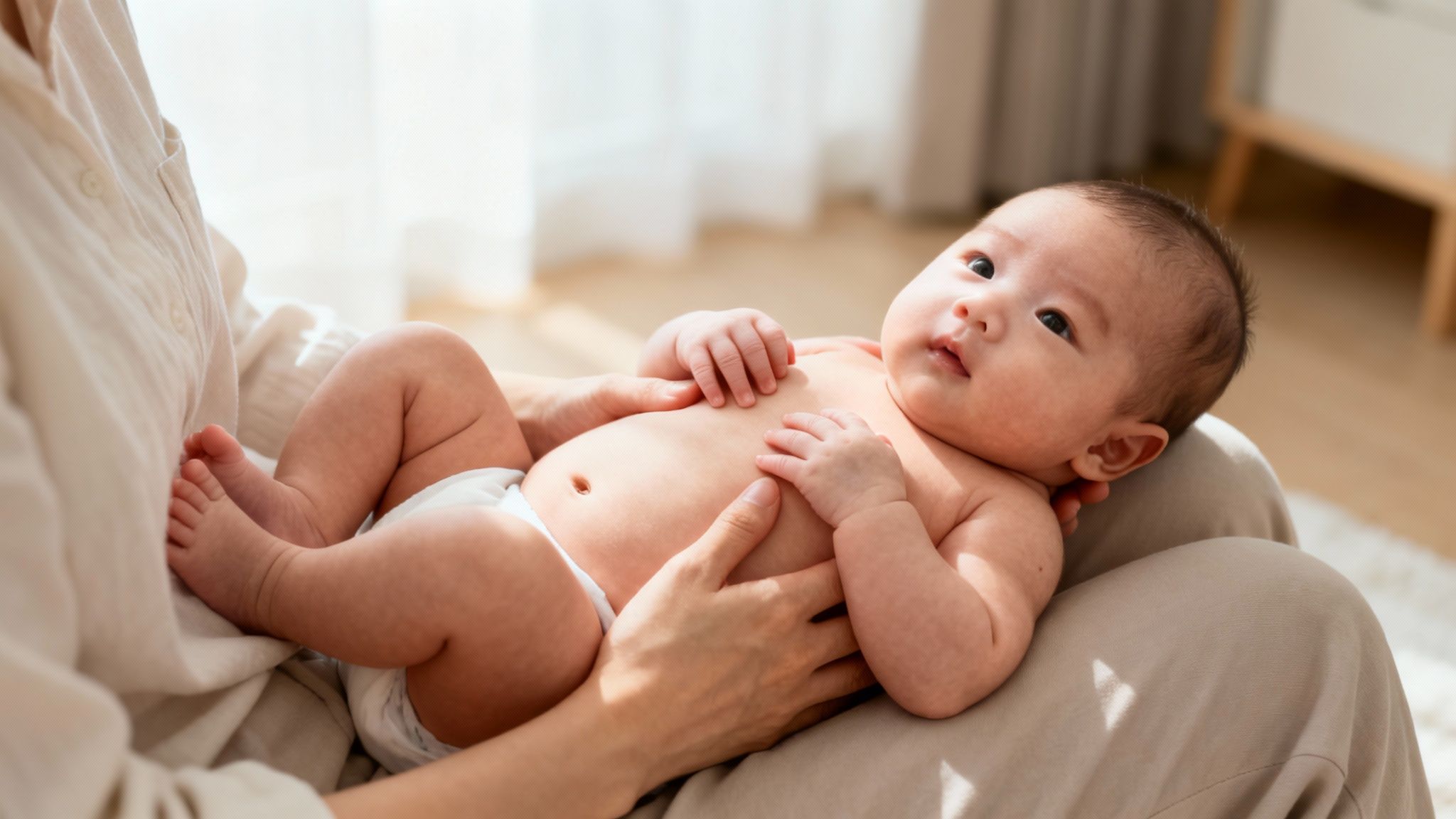 A loving parent gently holds their newborn baby on their lap, looking up.
