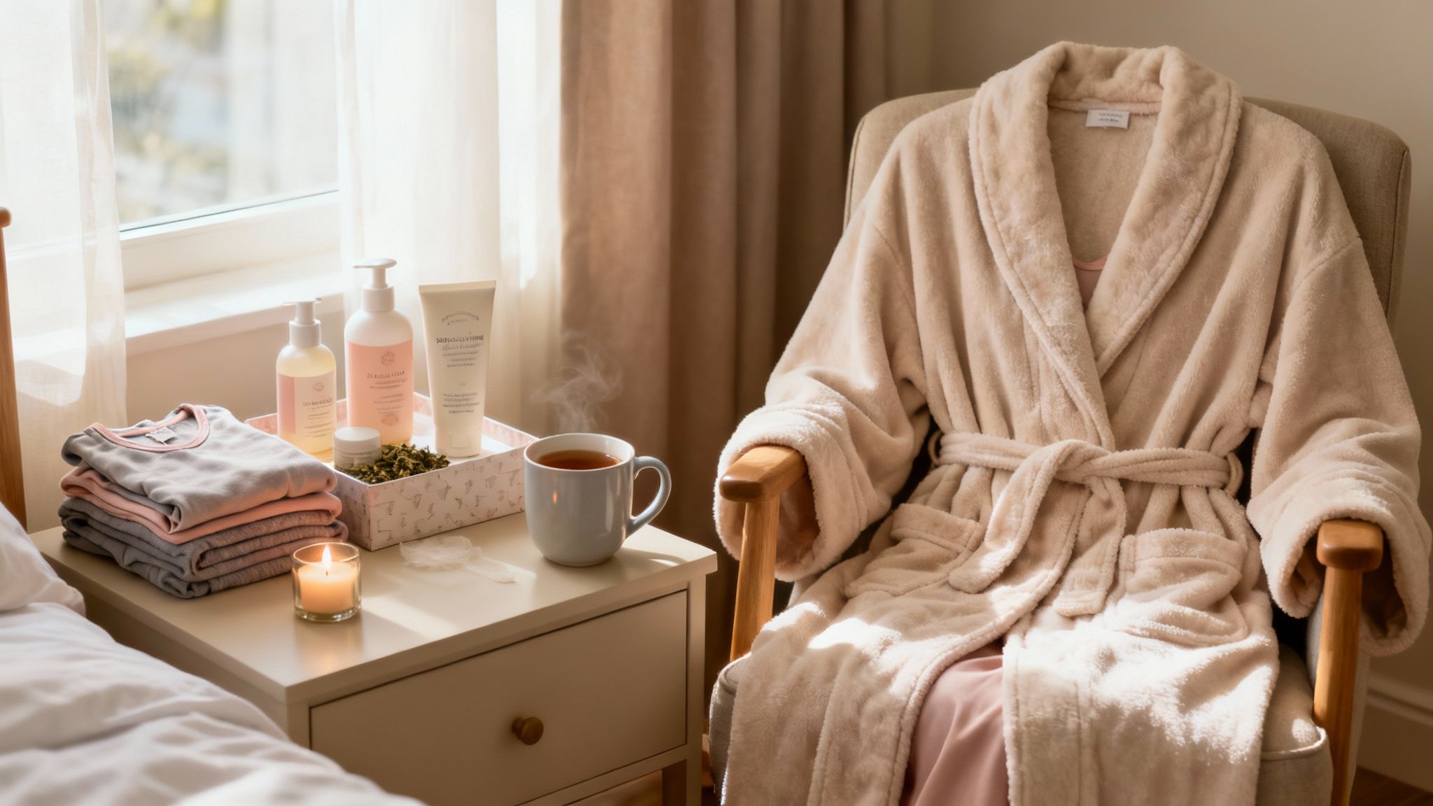 A cozy bedroom with a plush bathrobe, skincare, folded clothes, and a steaming tea.