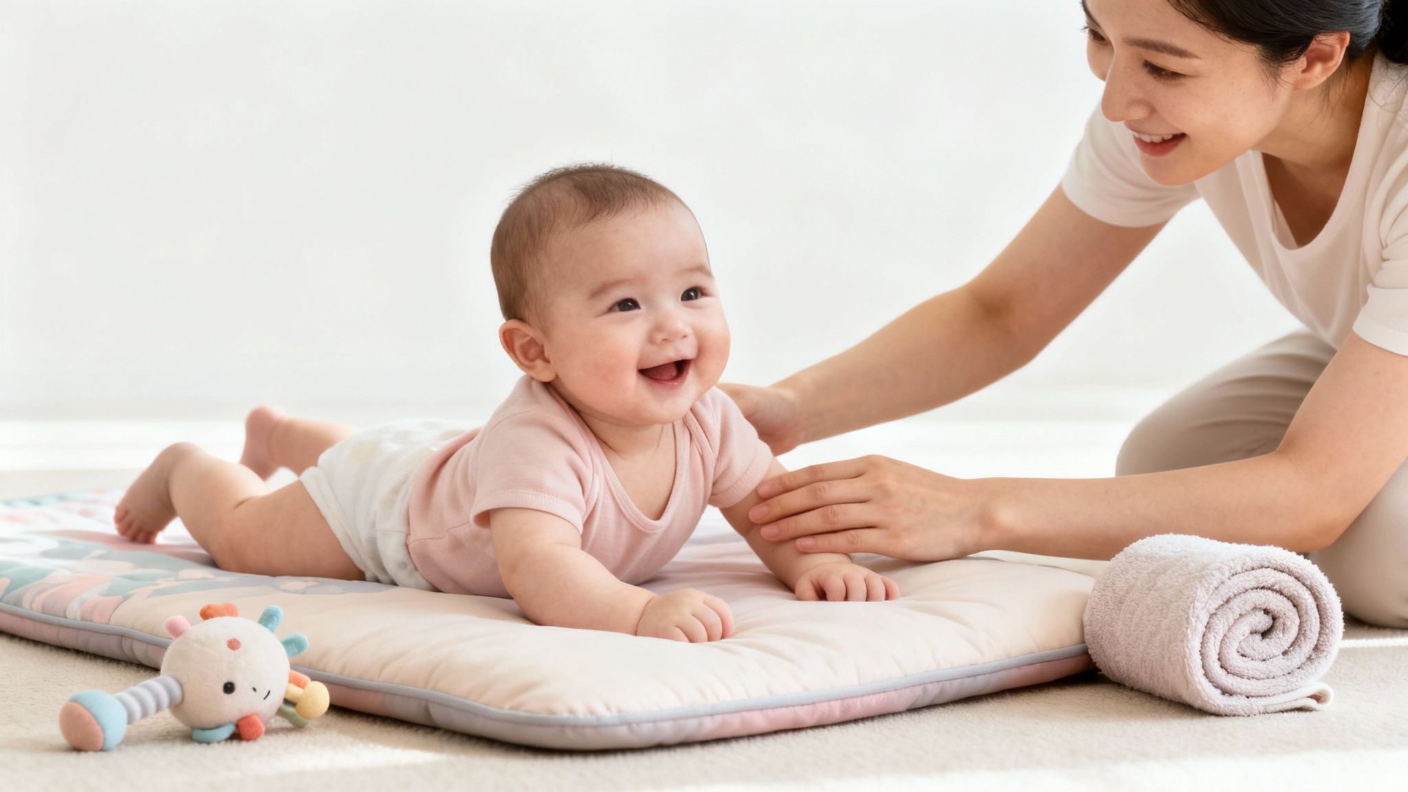 Smiling baby in a pink onesie doing tummy time on a mat, with a parent.