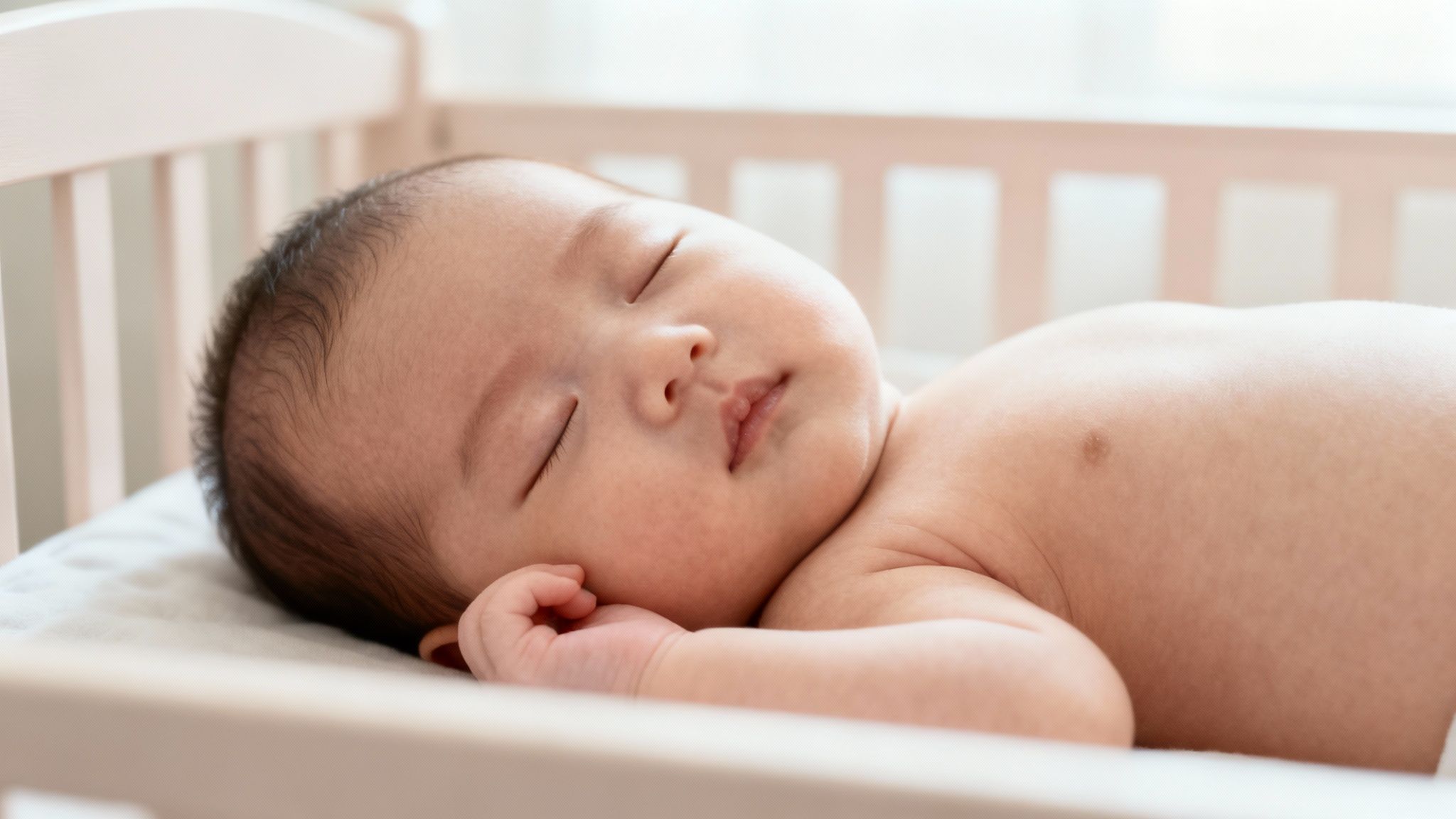A peaceful newborn baby with dark hair sleeps soundly on their side in a light-colored crib.