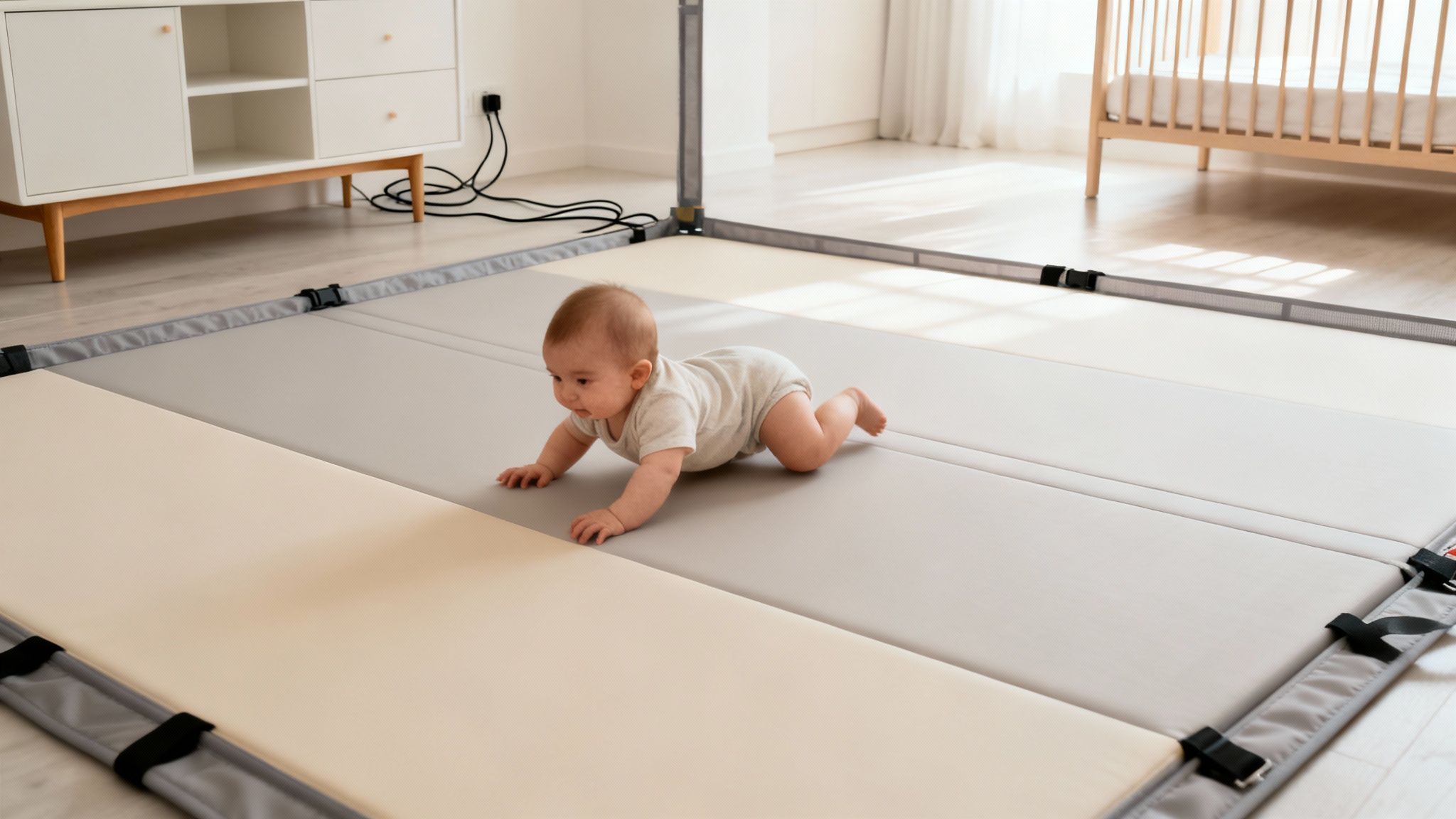A happy baby in a white onesie crawls on a soft play mat in a bright nursery room.