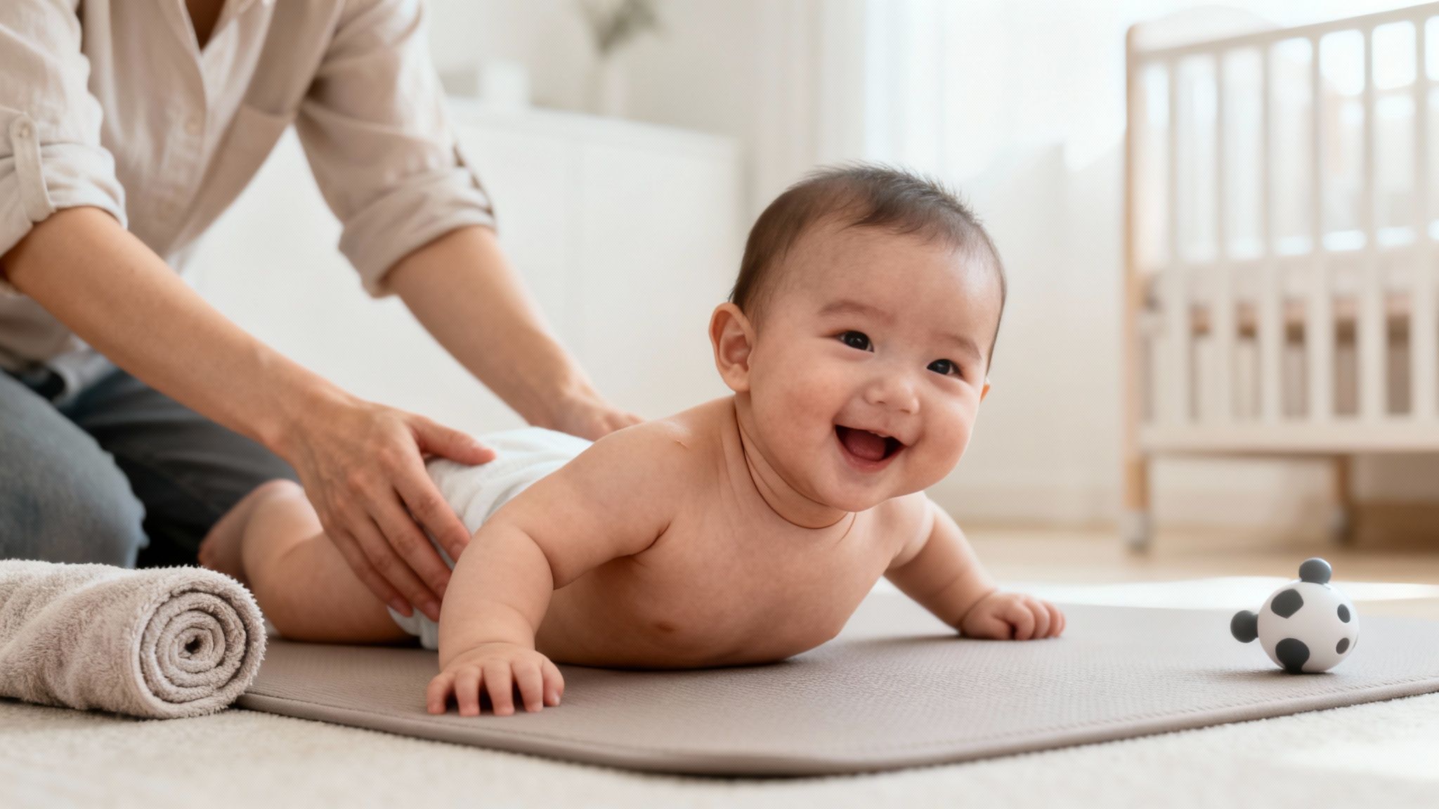 A happy baby on a grey mat smiles while an adult provides gentle support during tummy time.