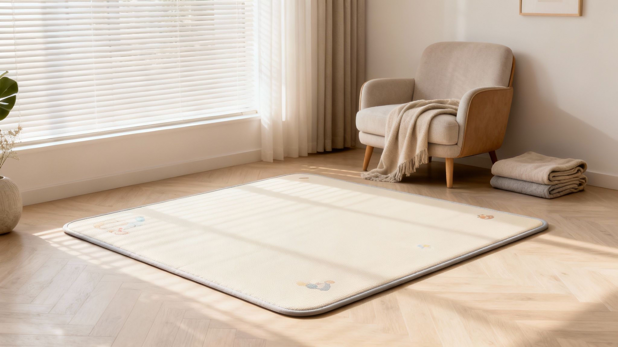A cozy room with a light-colored playmat on a wooden floor, a beige armchair, and soft natural light.