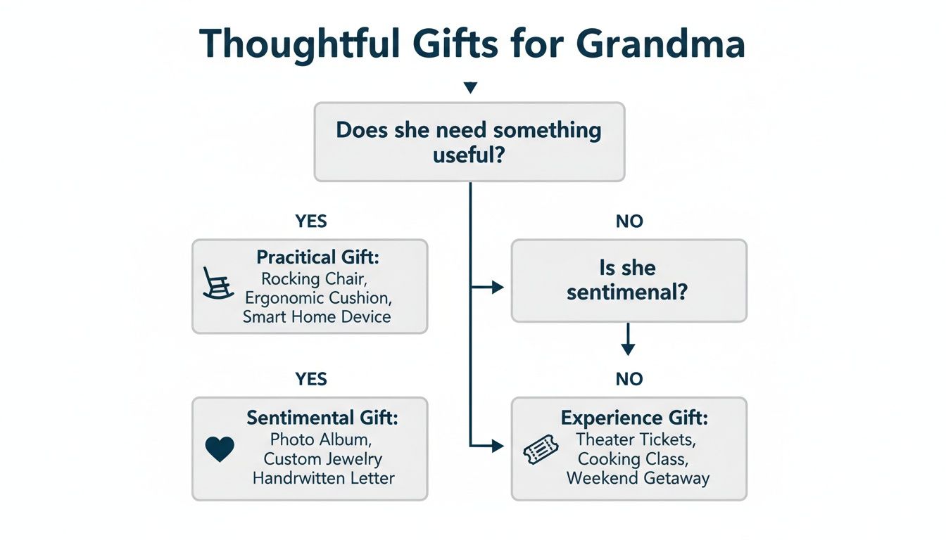 Flowchart depicting thoughtful gift ideas for grandmas, categorized as practical, sentimental, and experience gifts.