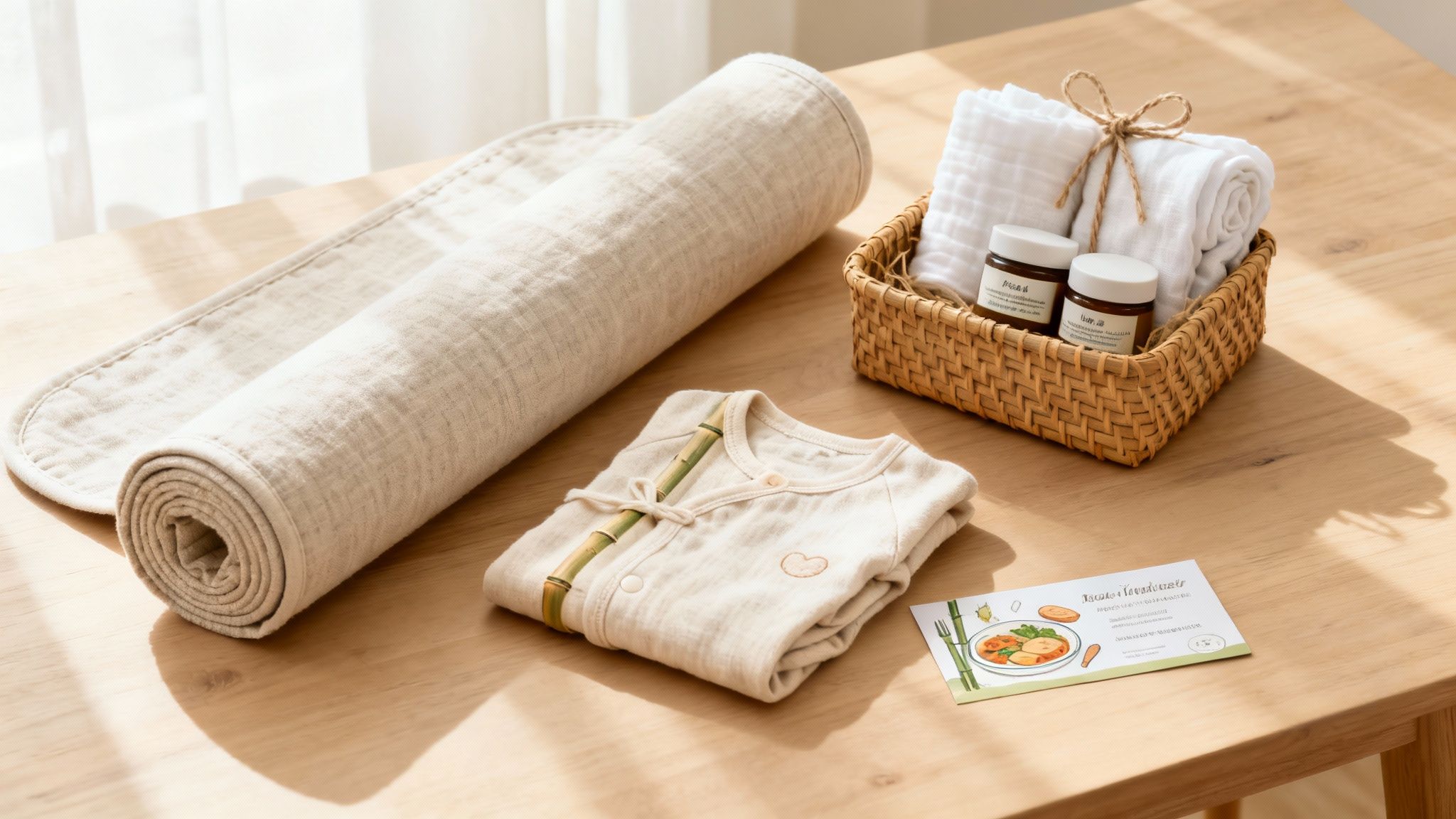 A thoughtfully arranged baby gift set featuring a onesie, rolled blanket, towels, and skincare products on a wooden table.