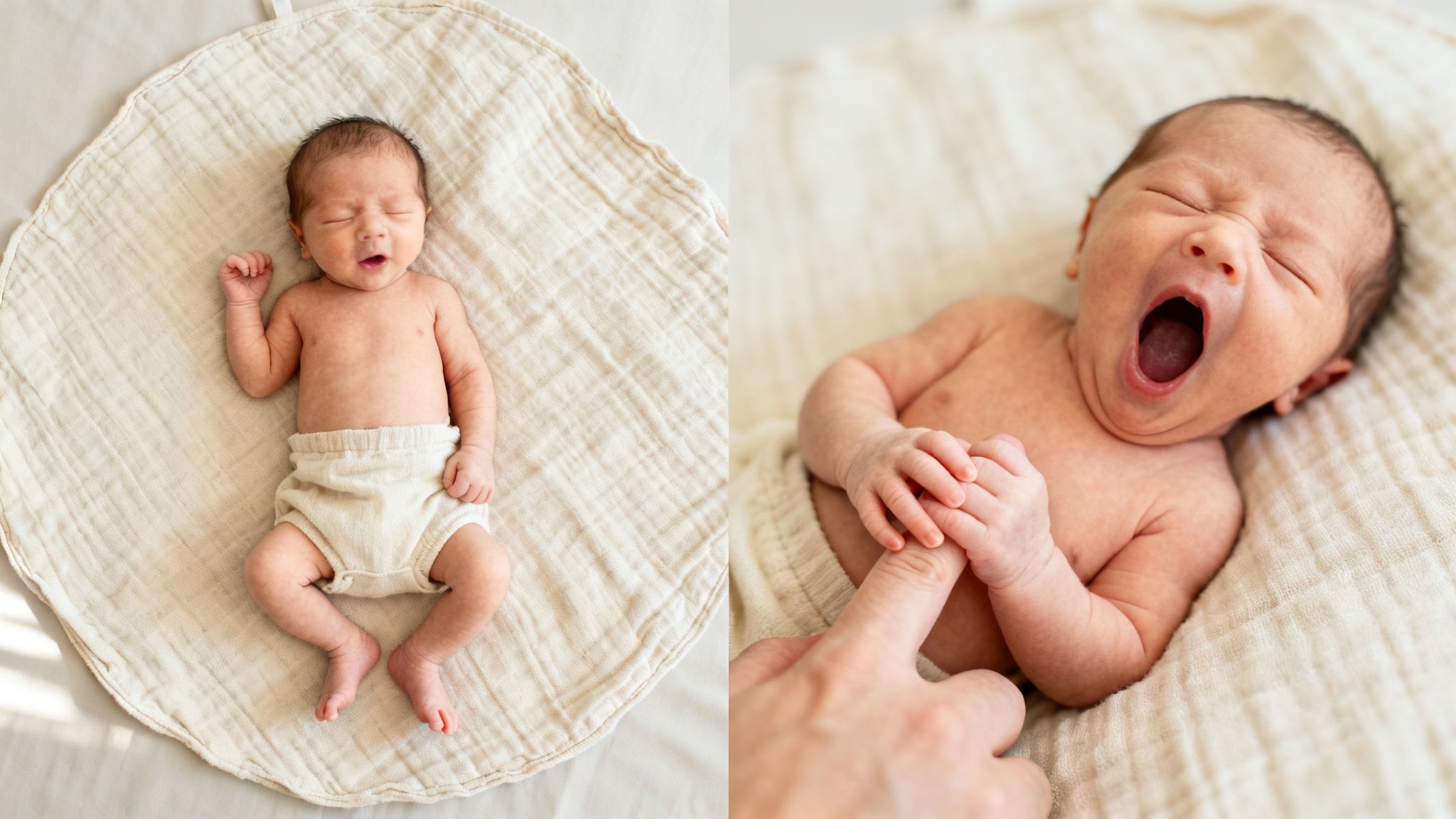 Diptych showing a peaceful newborn sleeping and yawning while holding an adult's finger.