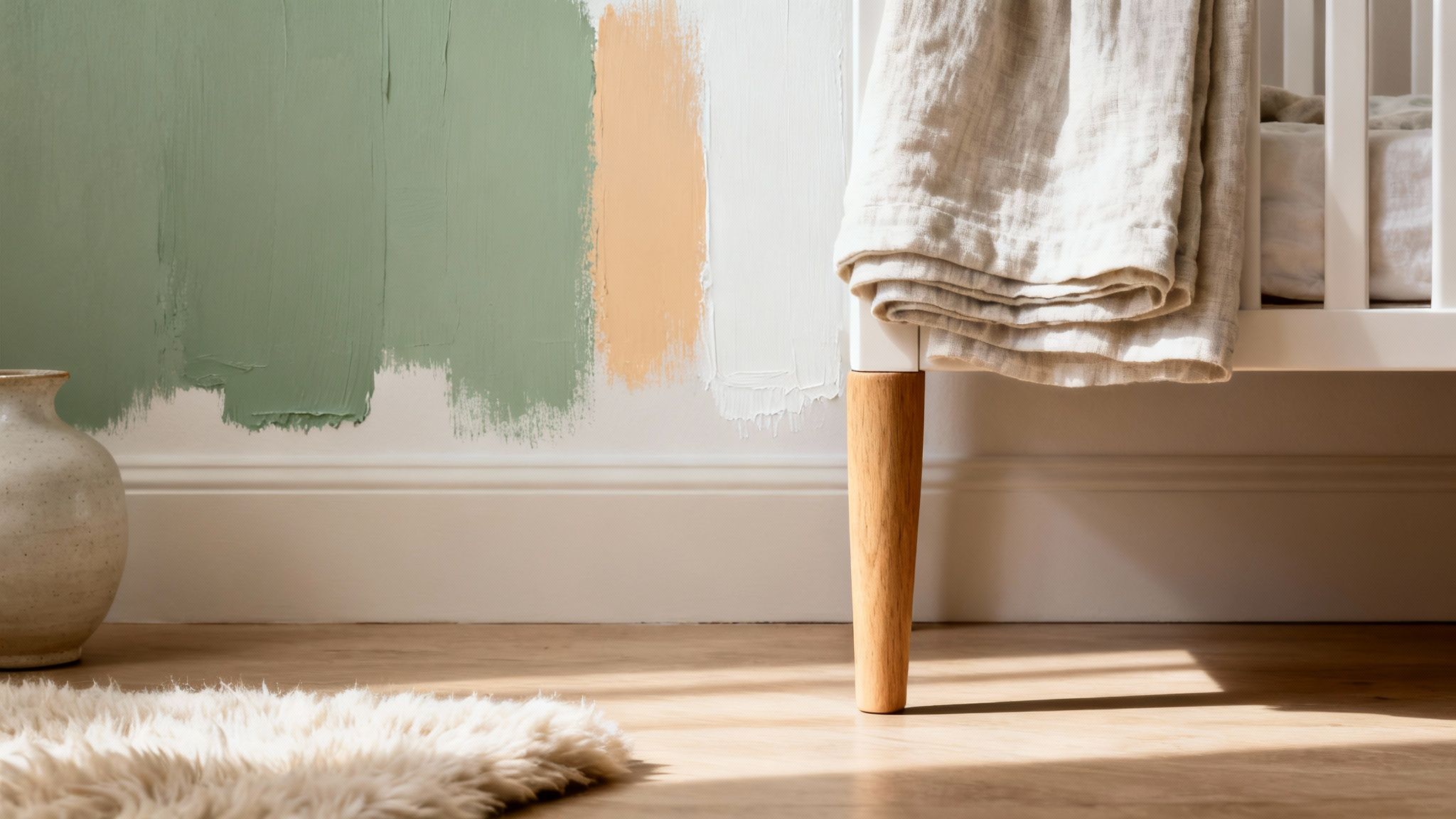 A peaceful nursery with a soft, neutral colour palette, natural wood cot, and a variety of textures like a wool rug and linen curtains.