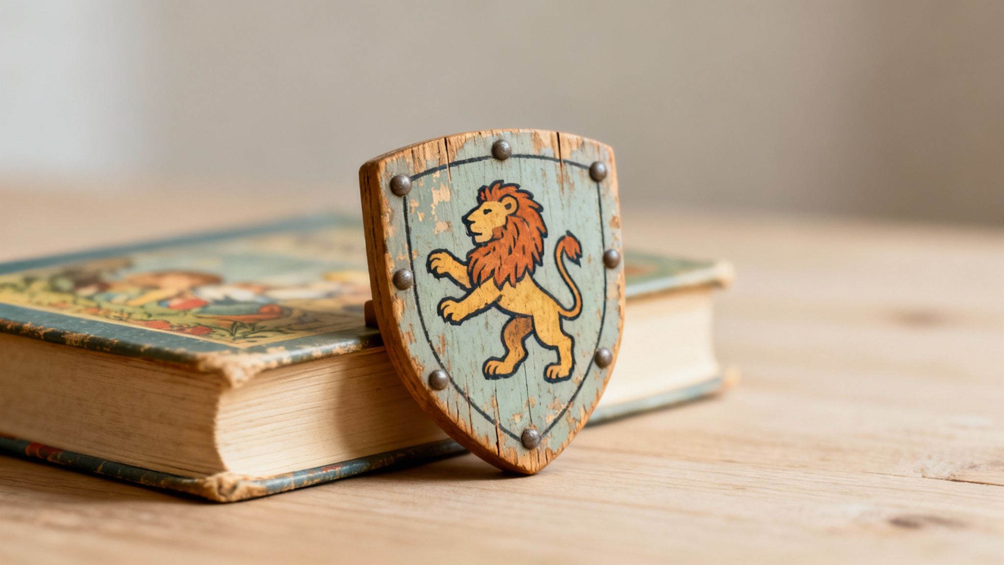 A weathered wooden shield featuring a golden lion and metal studs sits on an aged book.