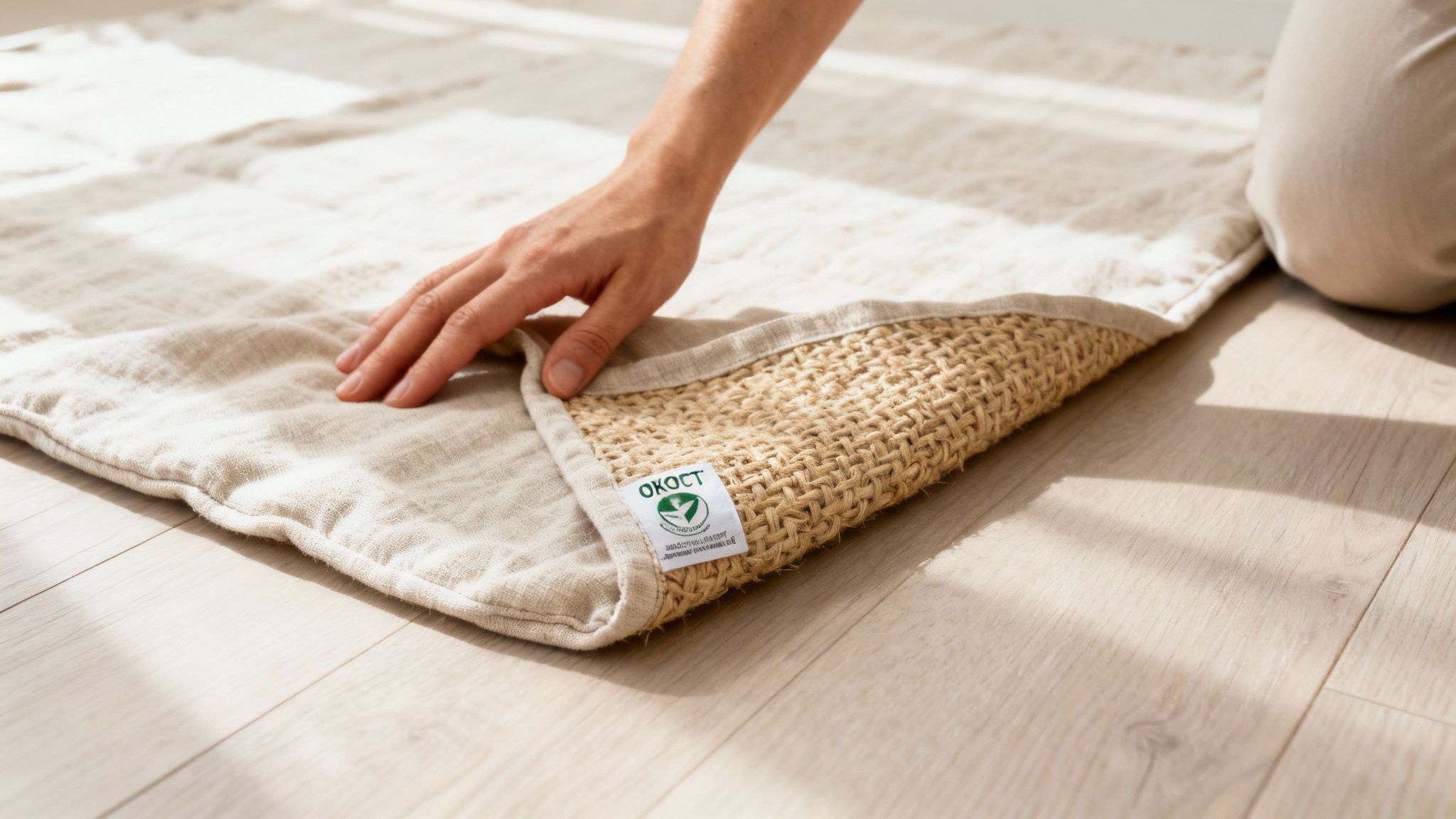 A hand lifts a corner of a beige mat, revealing a natural woven underside and an eco-friendly label.