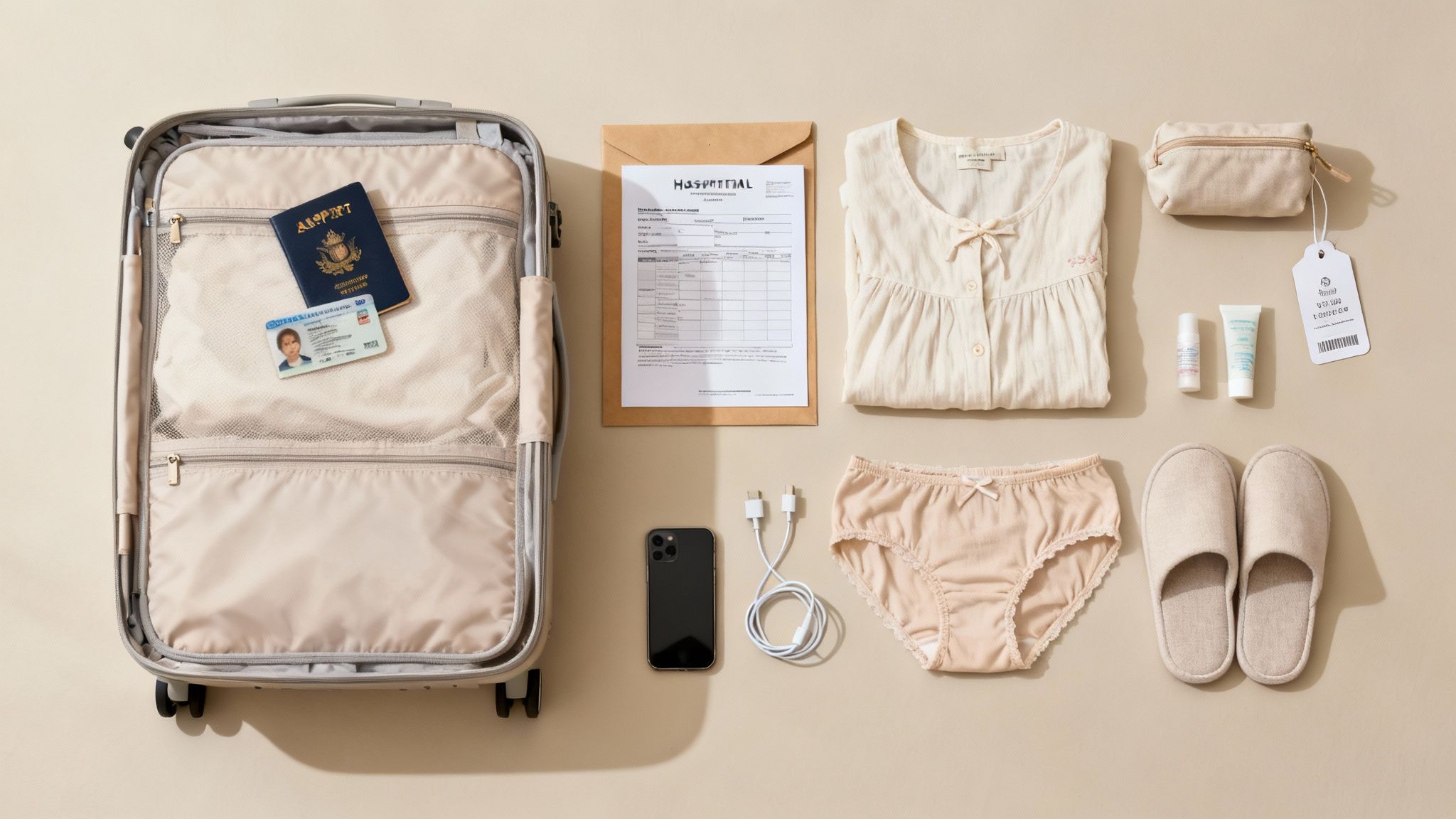 A neatly packed open hospital bag with baby essentials.