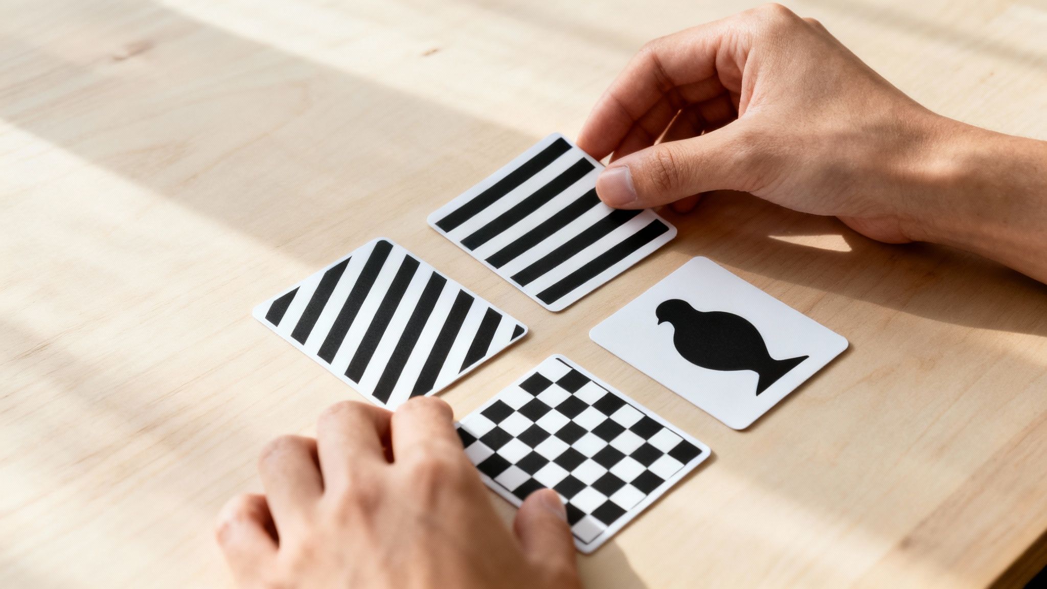 Hands arranging black and white high-contrast cards with patterns and a bird silhouette on a wooden table.