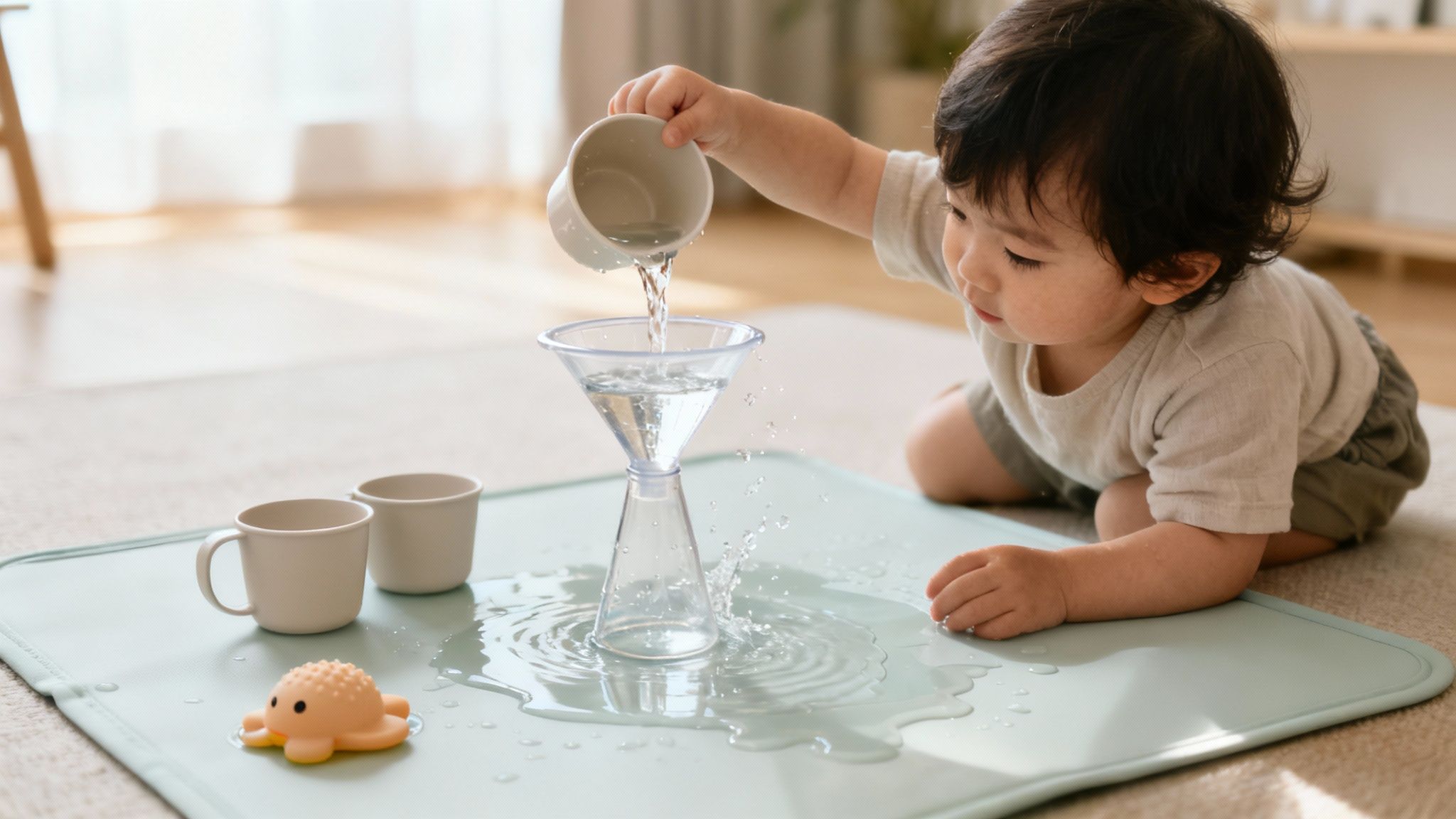 A toddler plays with water, pouring from a cup into a funnel on a blue mat, making splashes.