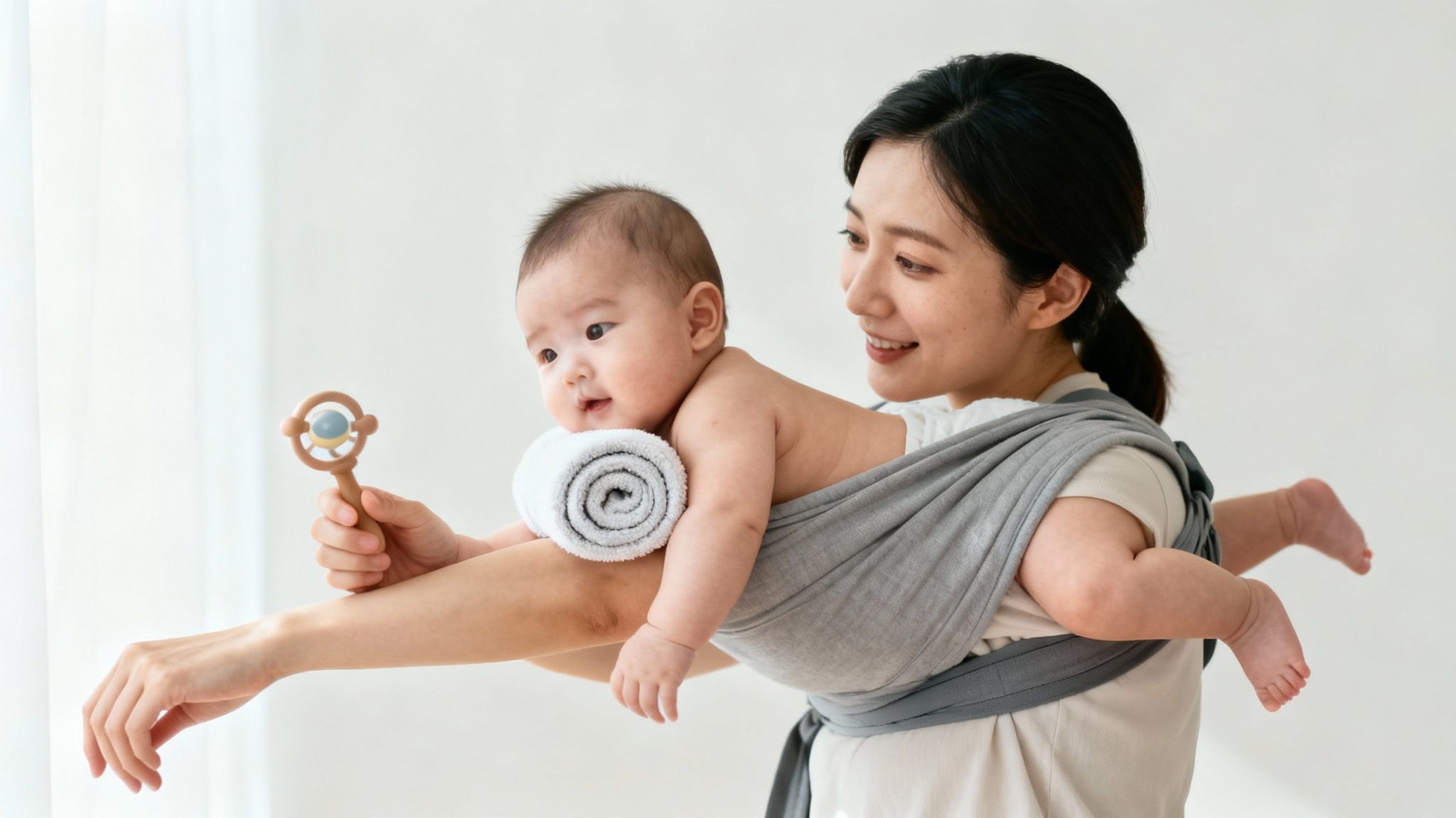 Smiling mother gently holds her baby on her arm for tummy time, with a rattle.