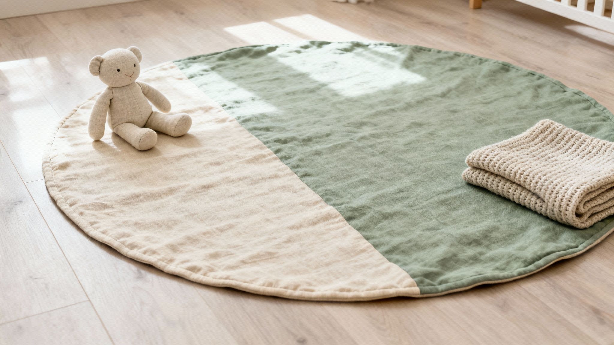 A round, two-tone beige and green play mat on a wooden floor, with a teddy bear and knitted blanket.