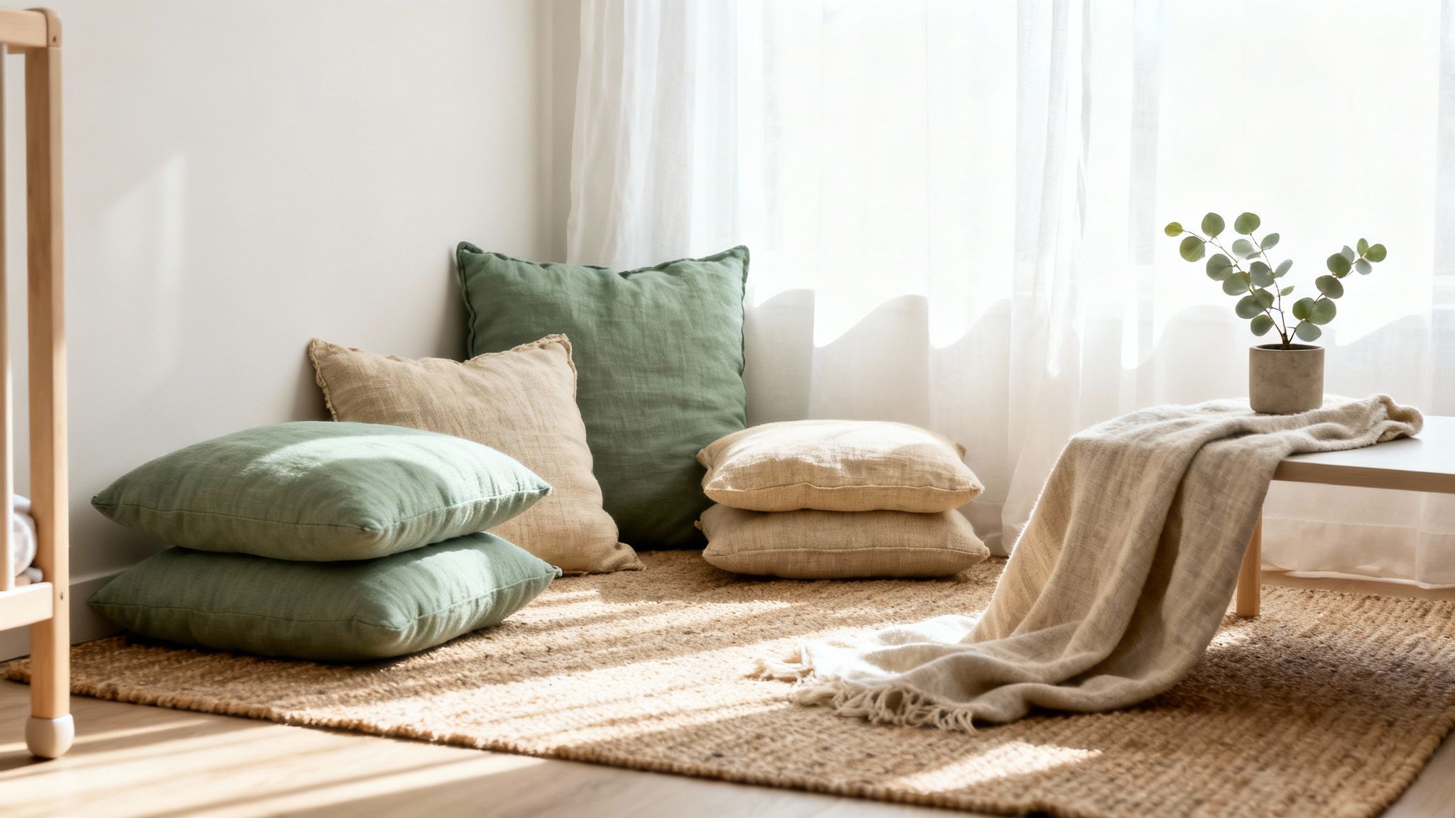 A cozy nook with natural green and beige floor cushions on a jute rug, and sheer curtains.