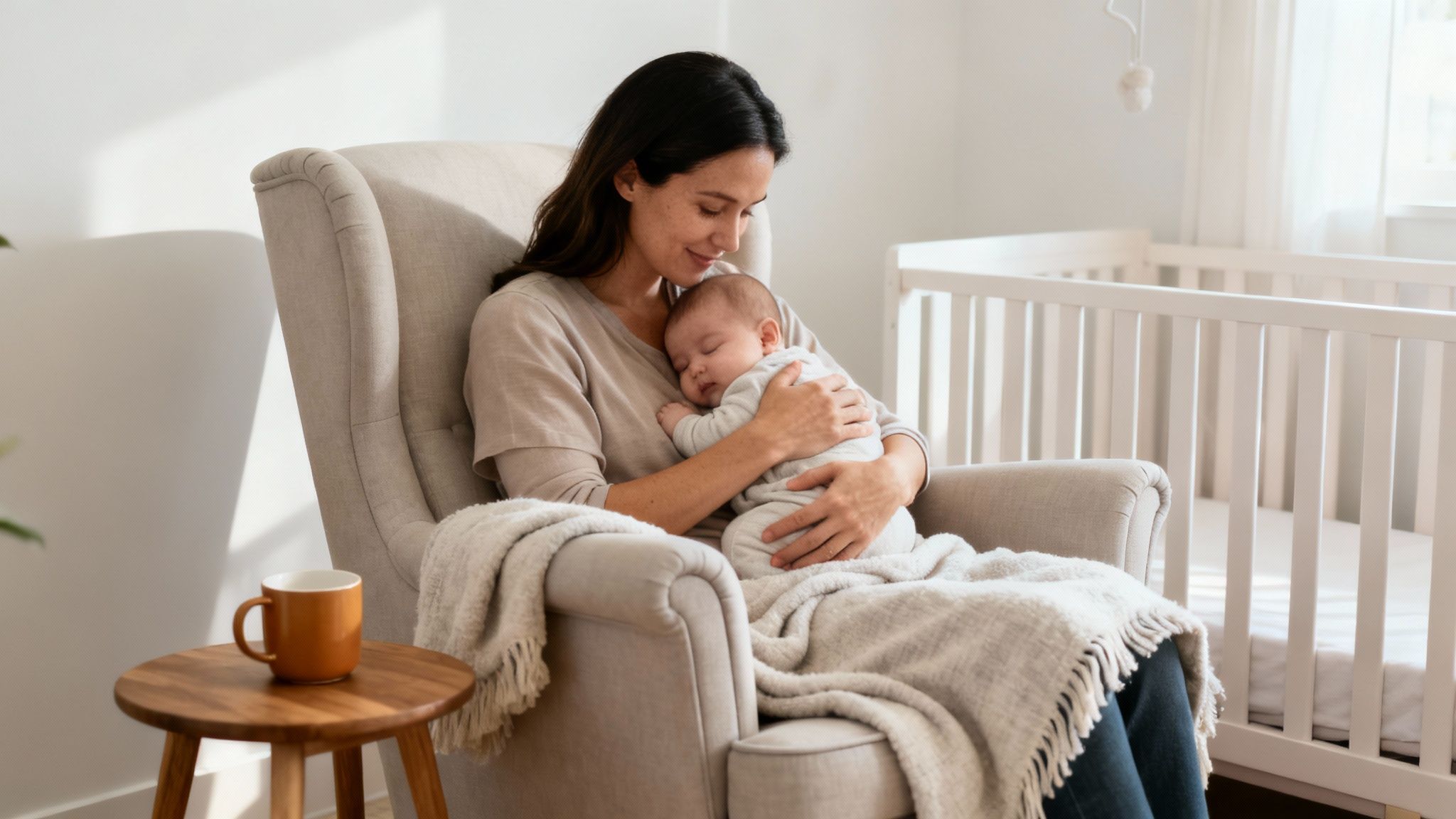 A mother gently cradles her sleeping baby in a cozy nursery armchair, looking serene.
