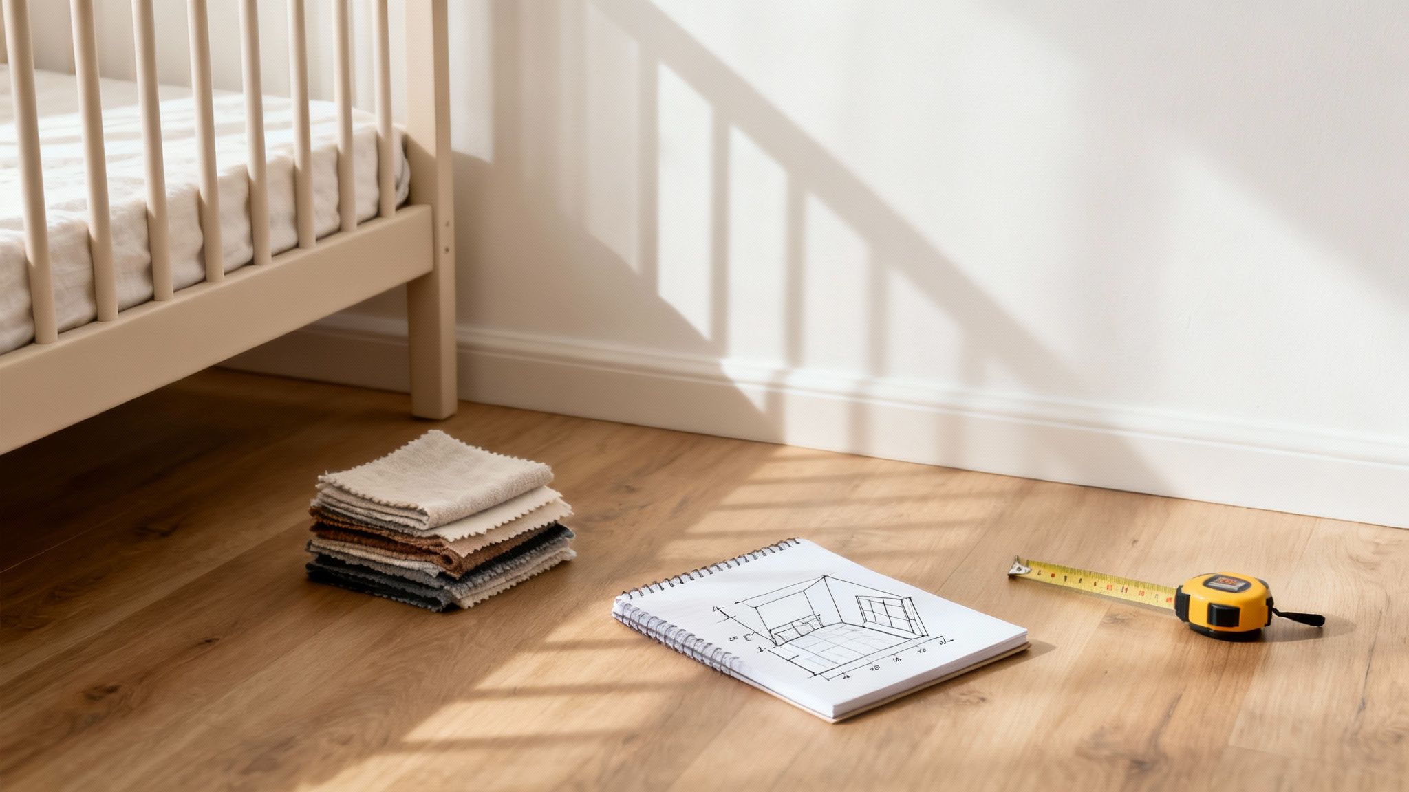 A modern, neutral-toned nursery with a light wood cot, a comfortable chair, and simple decor.