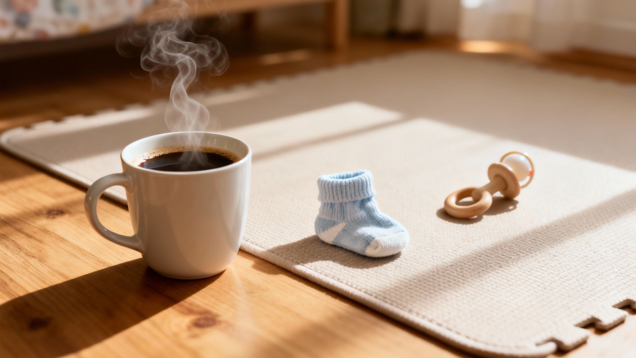 A steaming coffee cup, a blue baby sock, and a wooden rattle on a mat in sunlight.