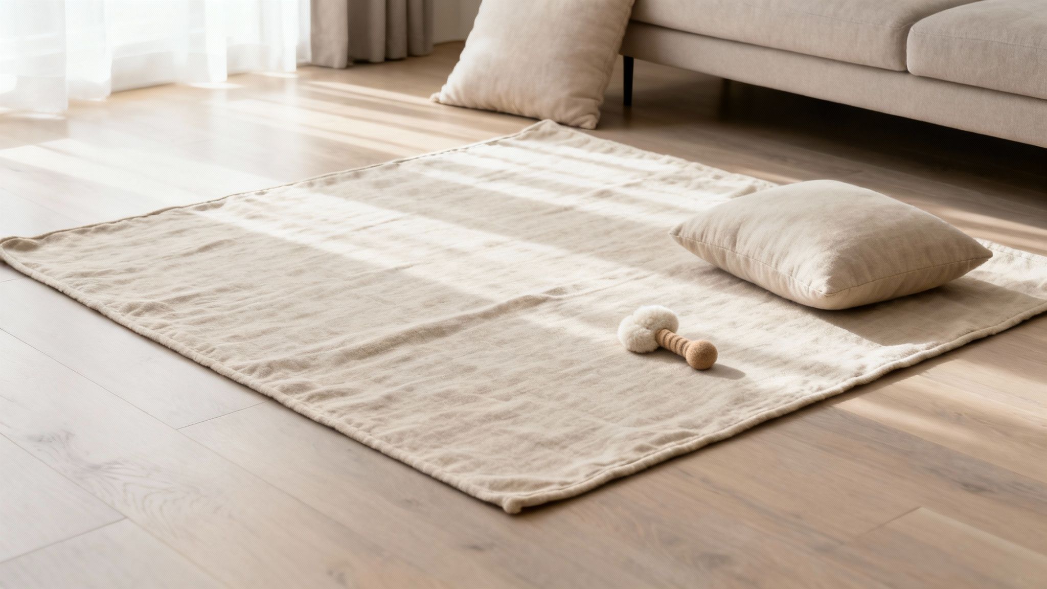 A minimalist living room with a neutral linen rug, beige pillow, and wooden rattle on a bright wooden floor.