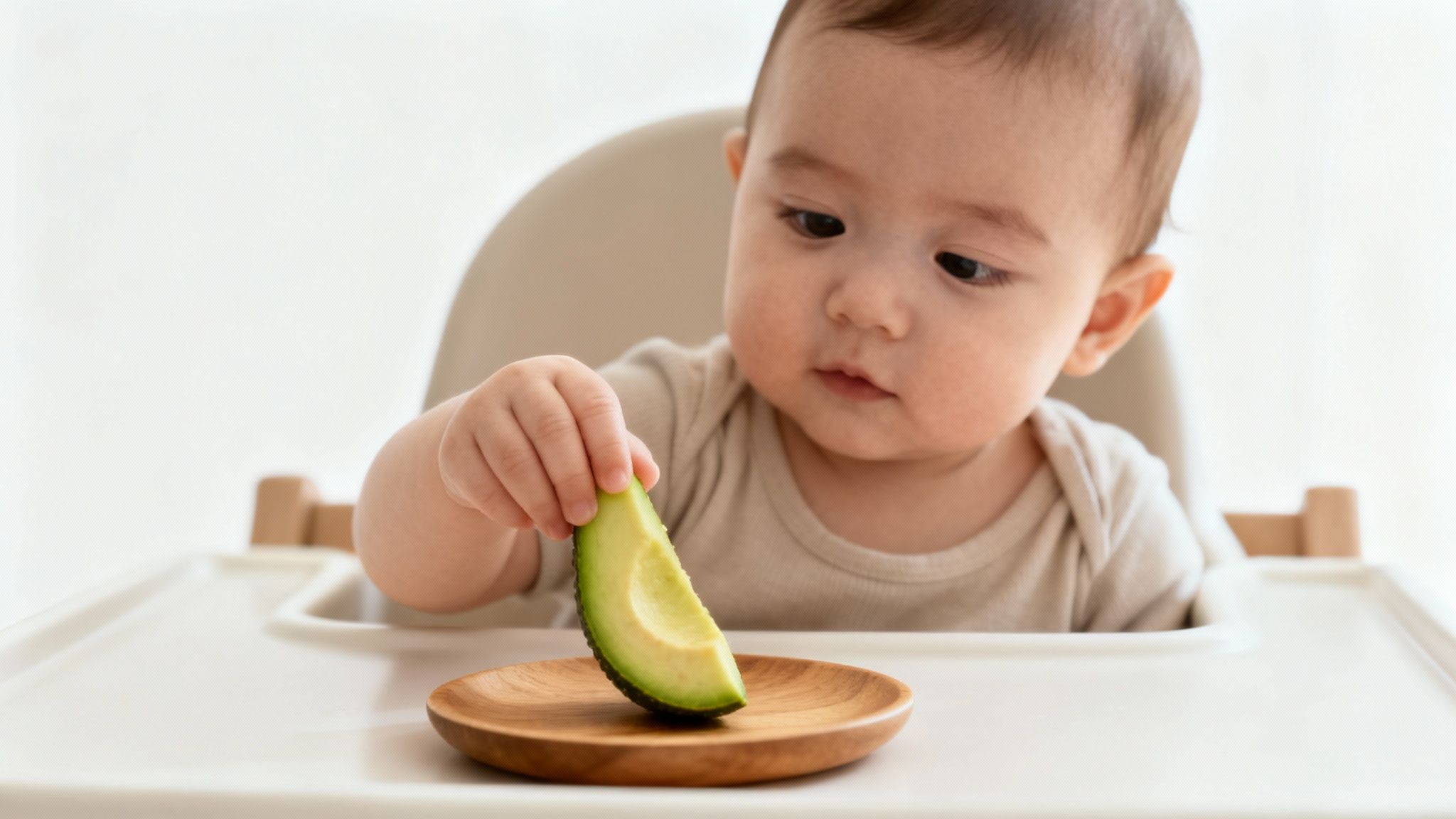 Adorable baby in a high chair holding a slice of avocado, learning to self-feed.