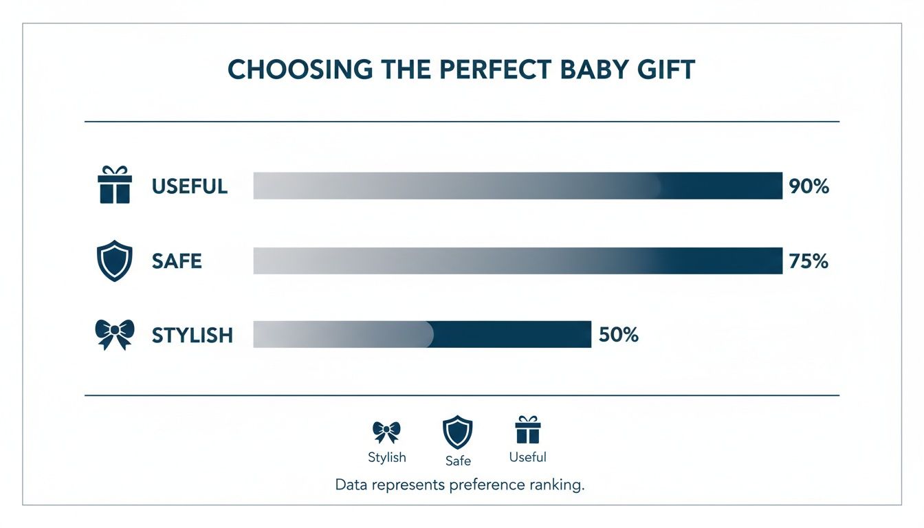 Bar chart displaying baby gift preferences: Useful (90%), Safe (75%), and Stylish (50%).