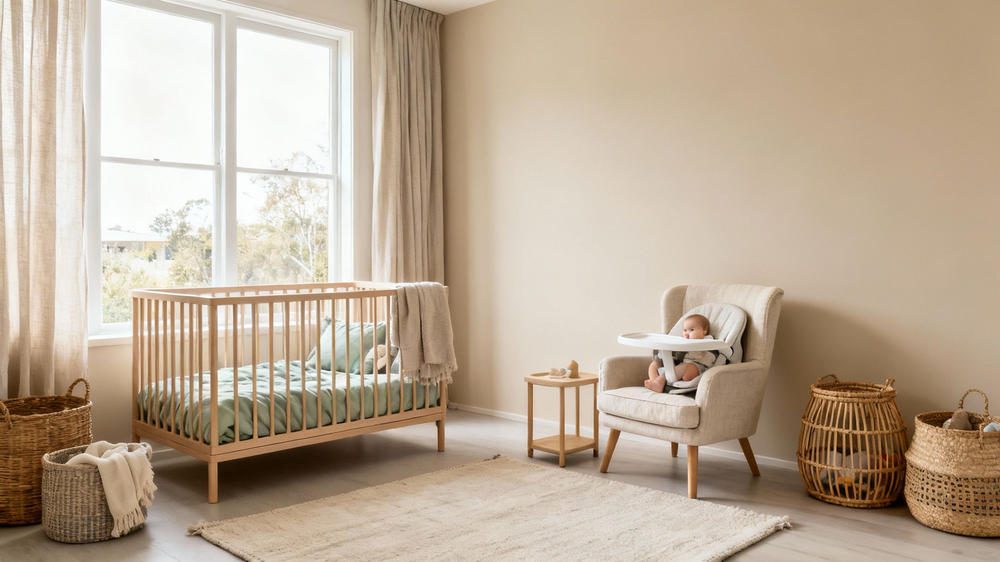 A bright, modern nursery room with a wooden crib, a baby in a high chair, and neutral decor.