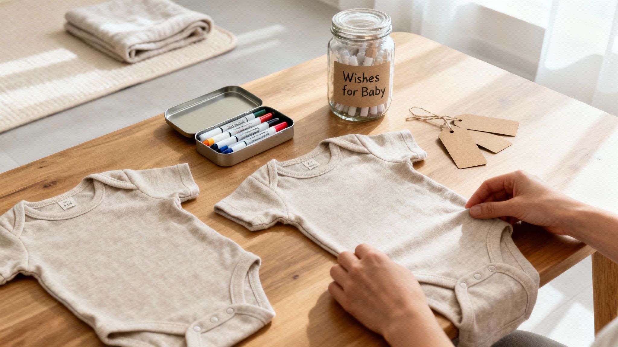 Hands adjusting a beige baby bodysuit on a wooden table with fabric markers and a 'Wishes for Baby' jar.