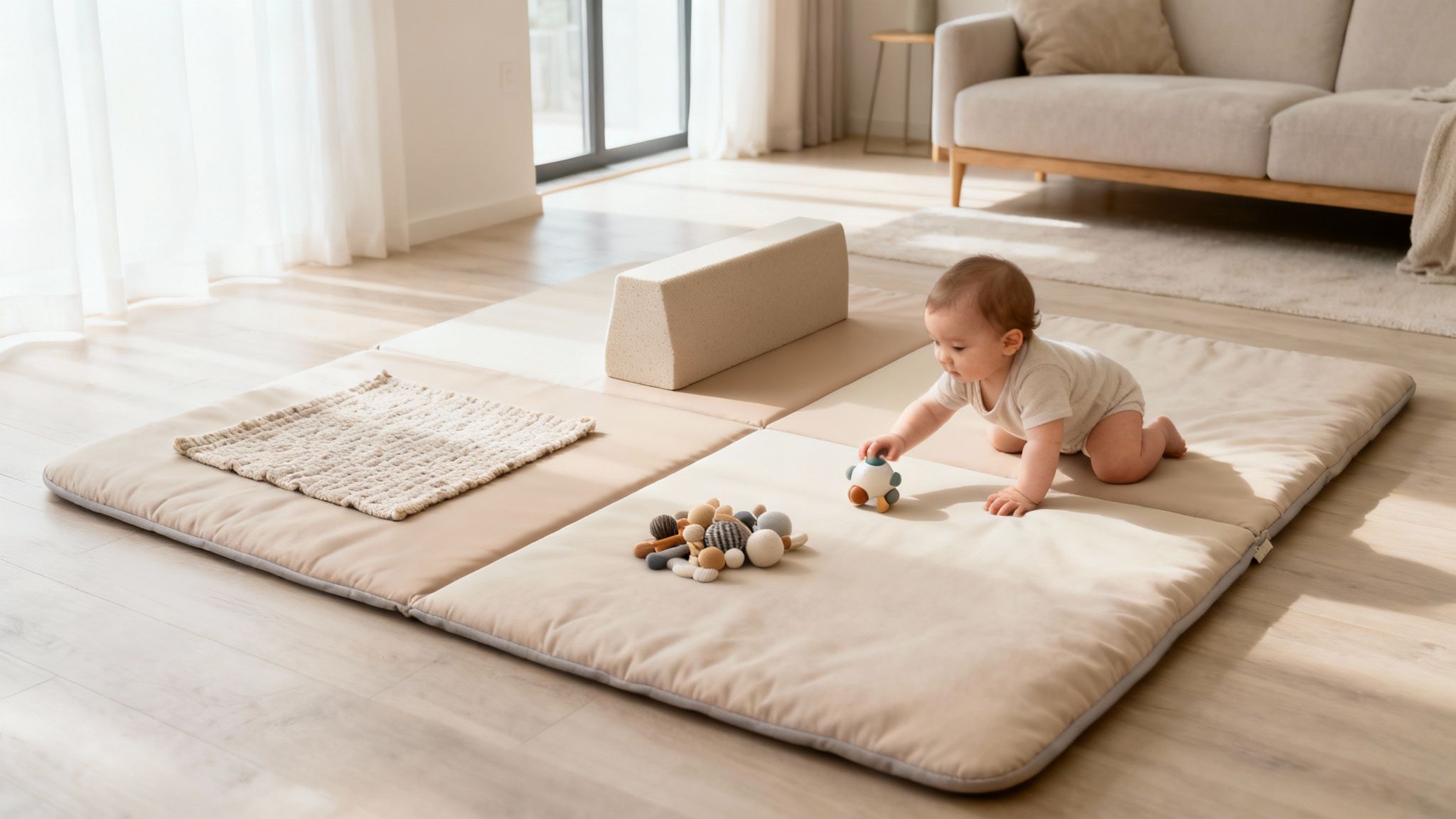 A crawling baby plays with neutral-colored toys on a soft, padded play mat in a bright room.