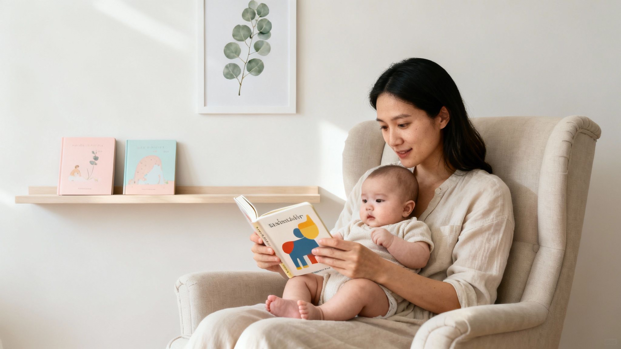 A happy mother reads a colorful picture book to her baby in a cozy armchair.