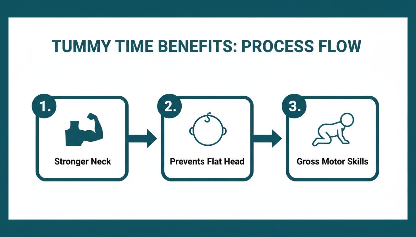 Infographic showing three key tummy time benefits: stronger neck, preventing flat head, and developing gross motor skills.