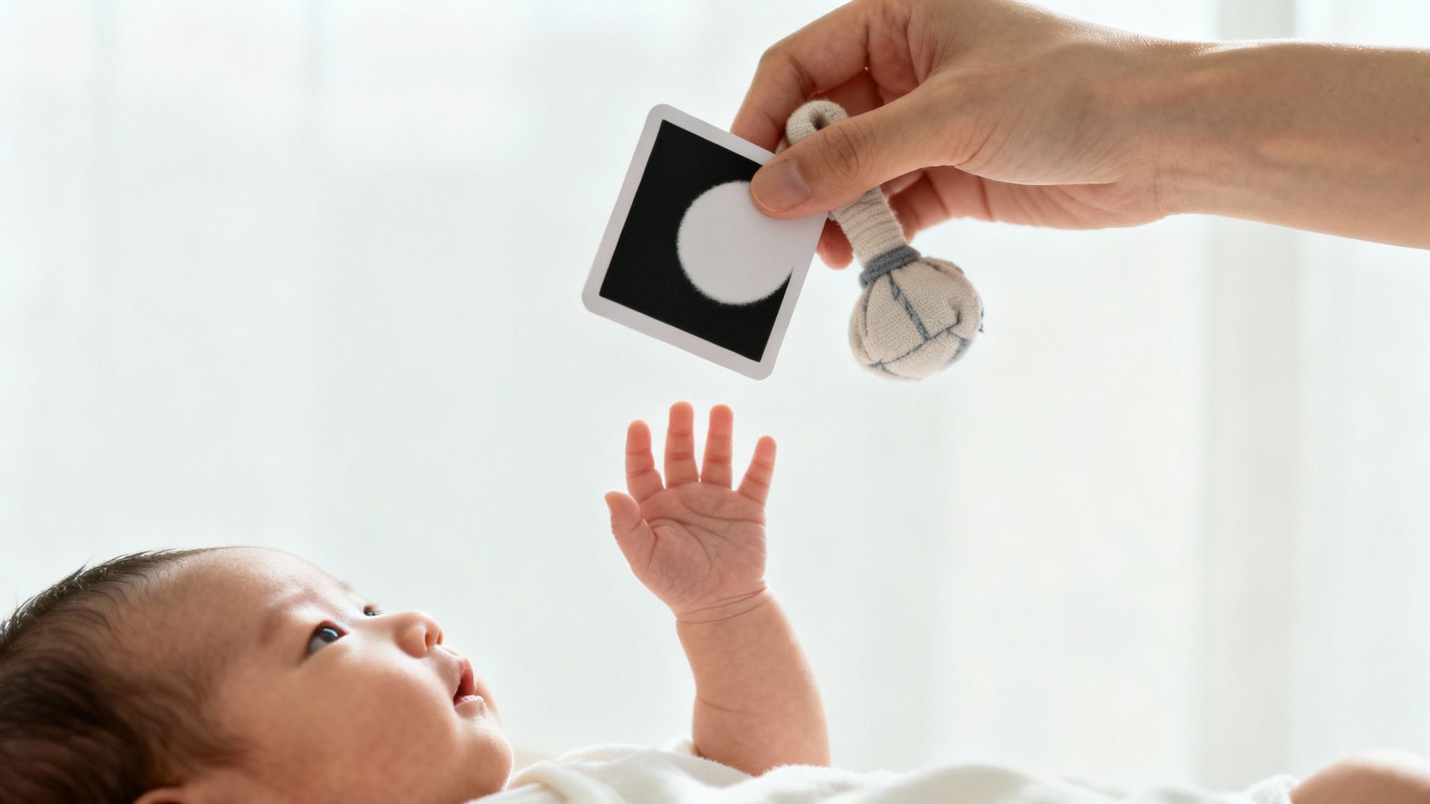 An adult hand presents a black and white card and soft toy to a curious baby.