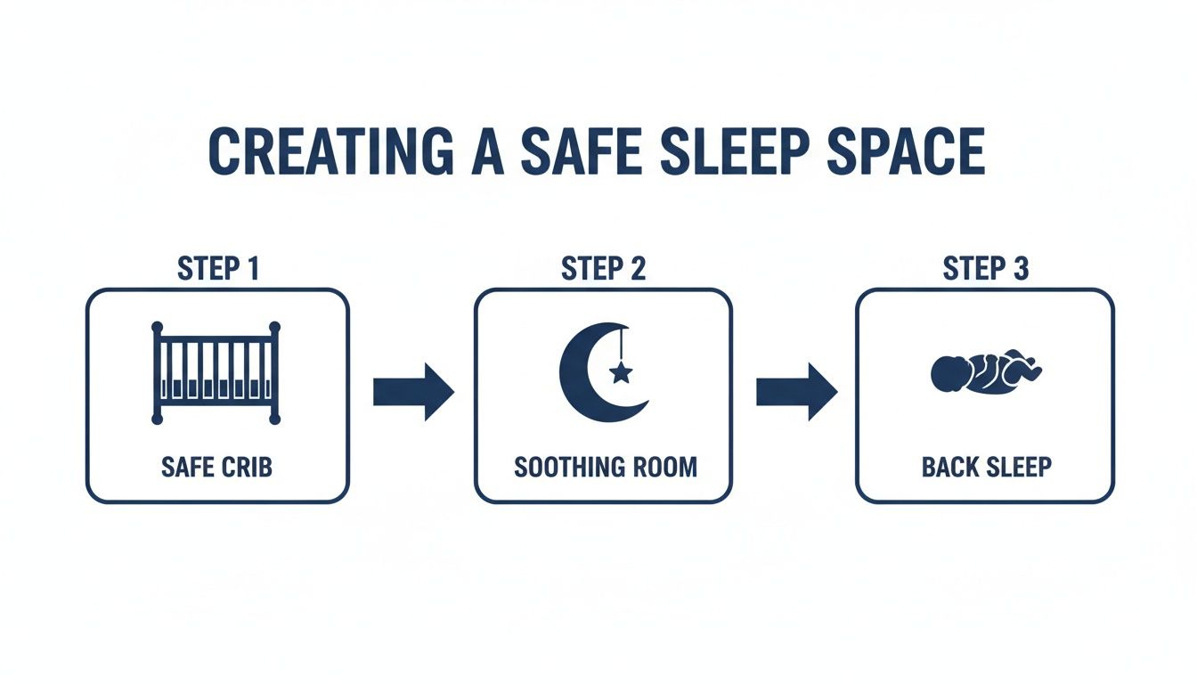 A three-step guide for creating a safe sleep space for babies: safe crib, soothing room, and back sleep.