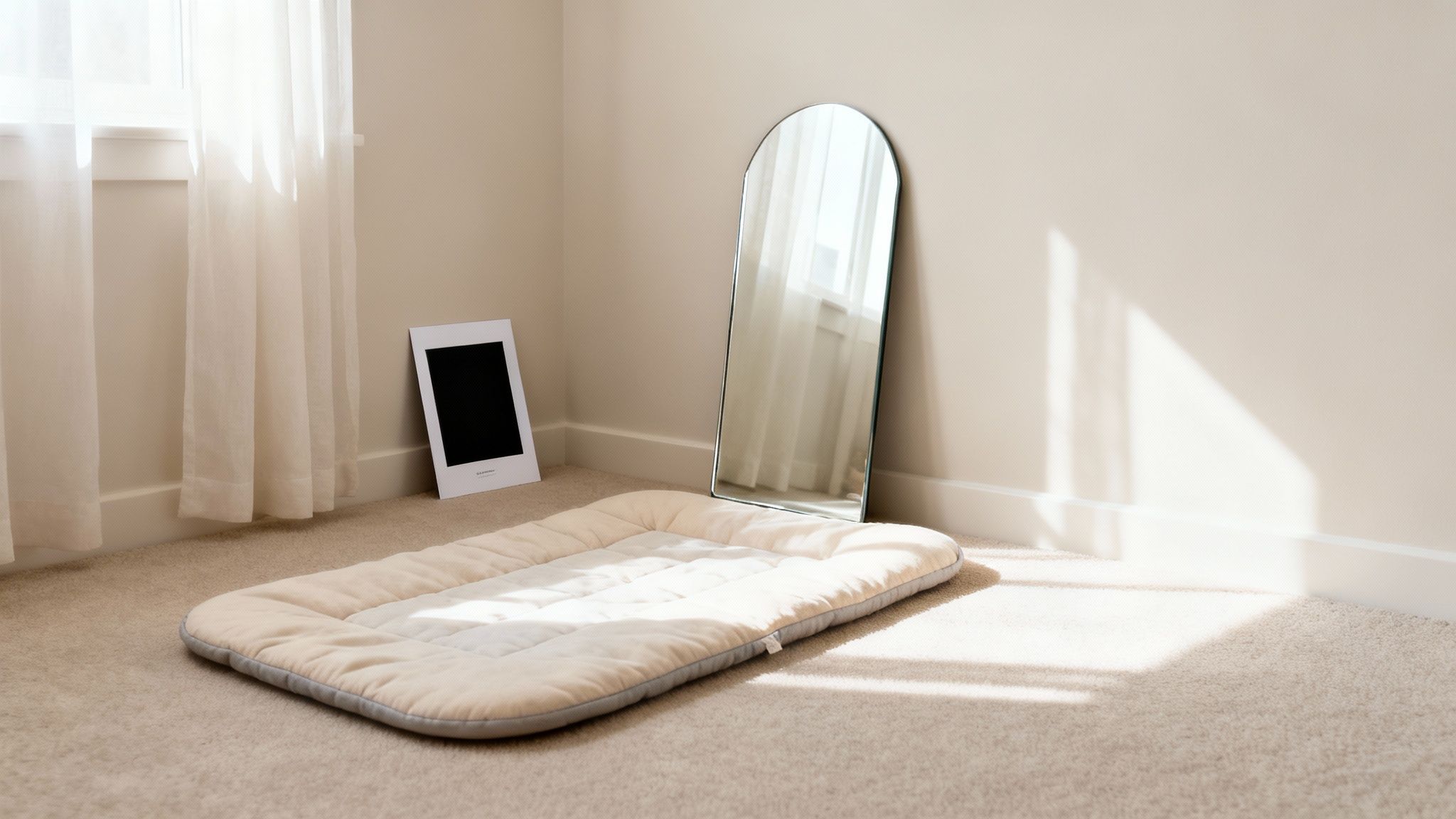 A minimalist room with a cushioned mat, a tall arched mirror, and a framed picture on the carpeted floor, bathed in sunlight.