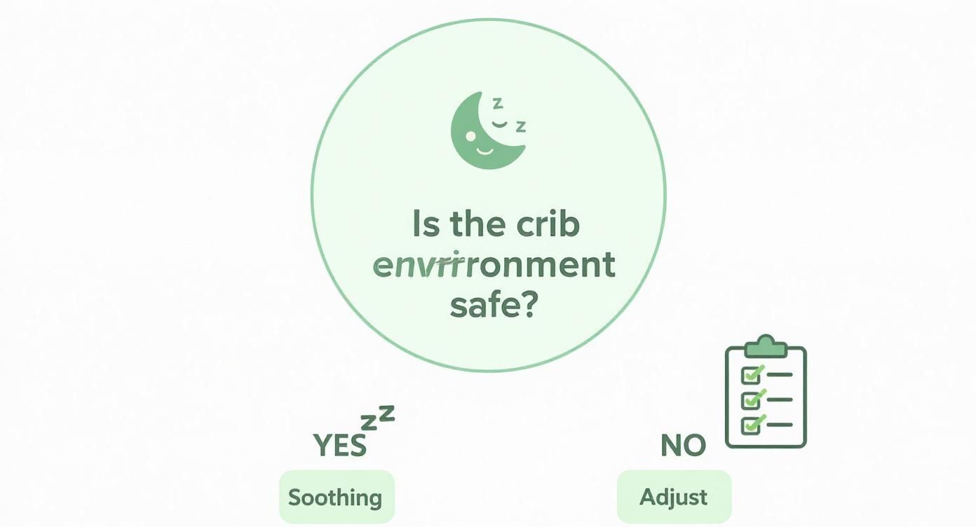 Flowchart showing a decision for baby crib safety: soothe if safe, adjust if unsafe.