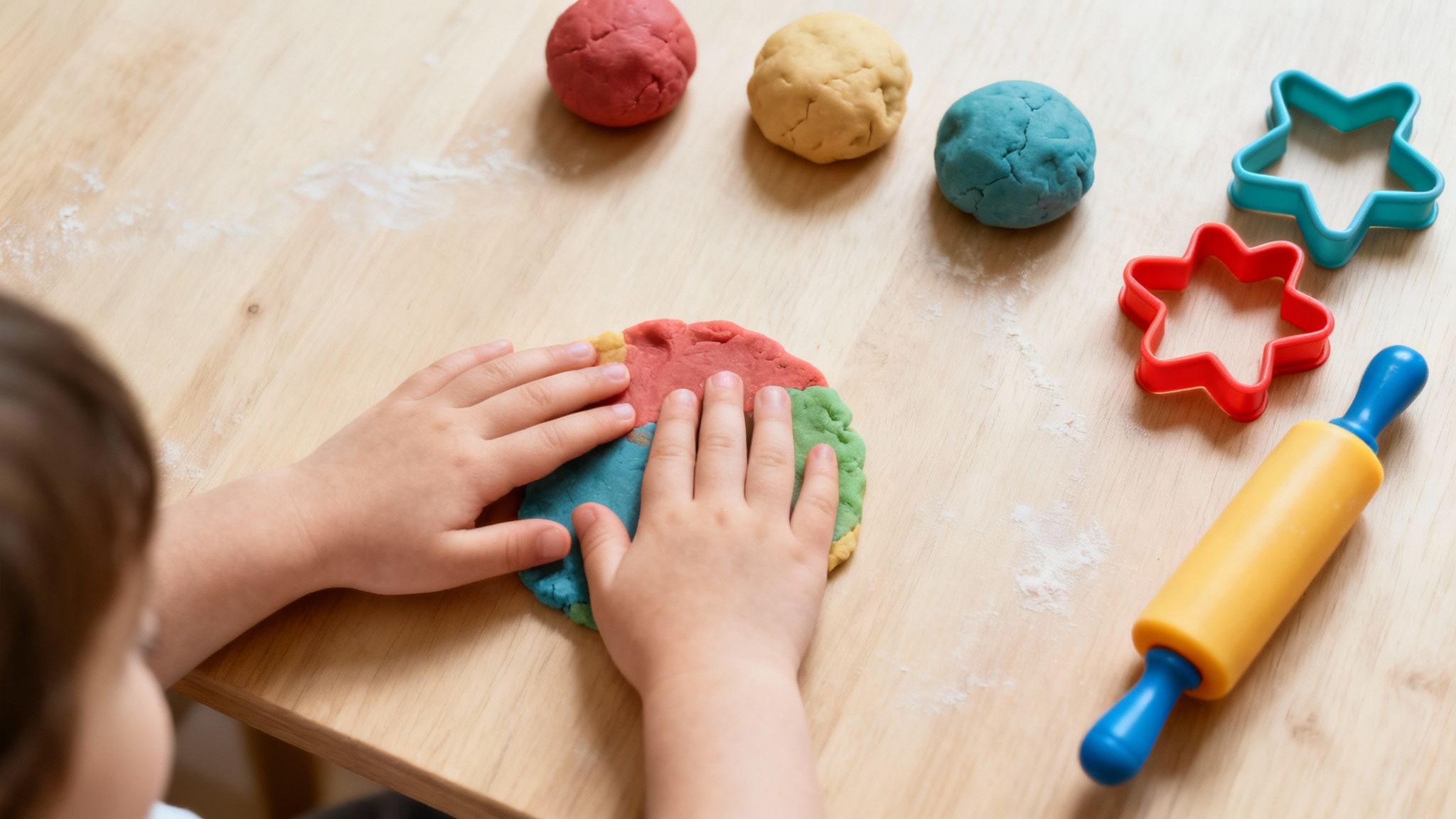 Child's hands playing with colorful playdough balls and cookie cutters on wooden table