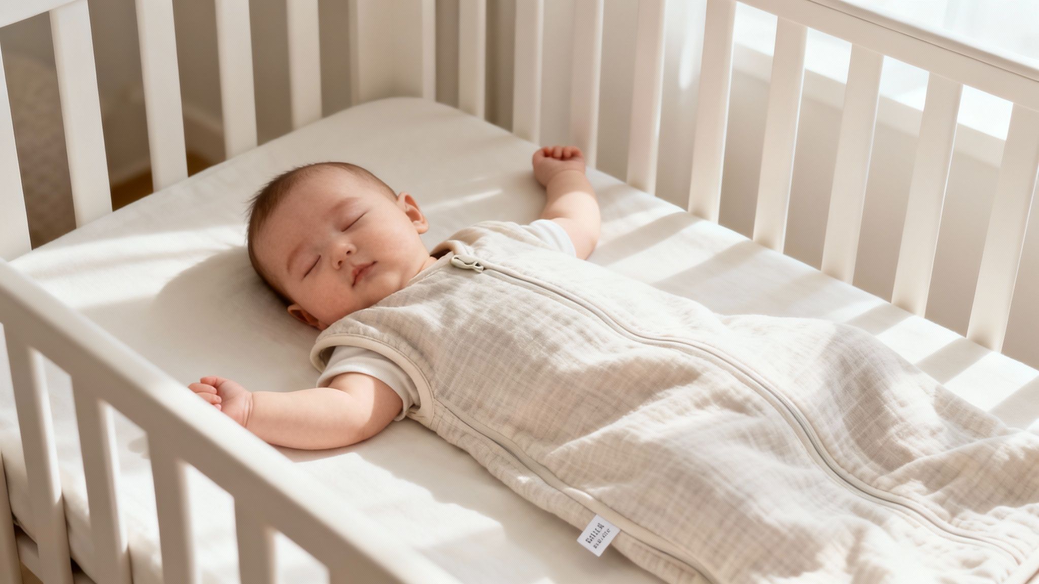 A baby in a beige sleep sack peacefully sleeping on their back in a white crib.