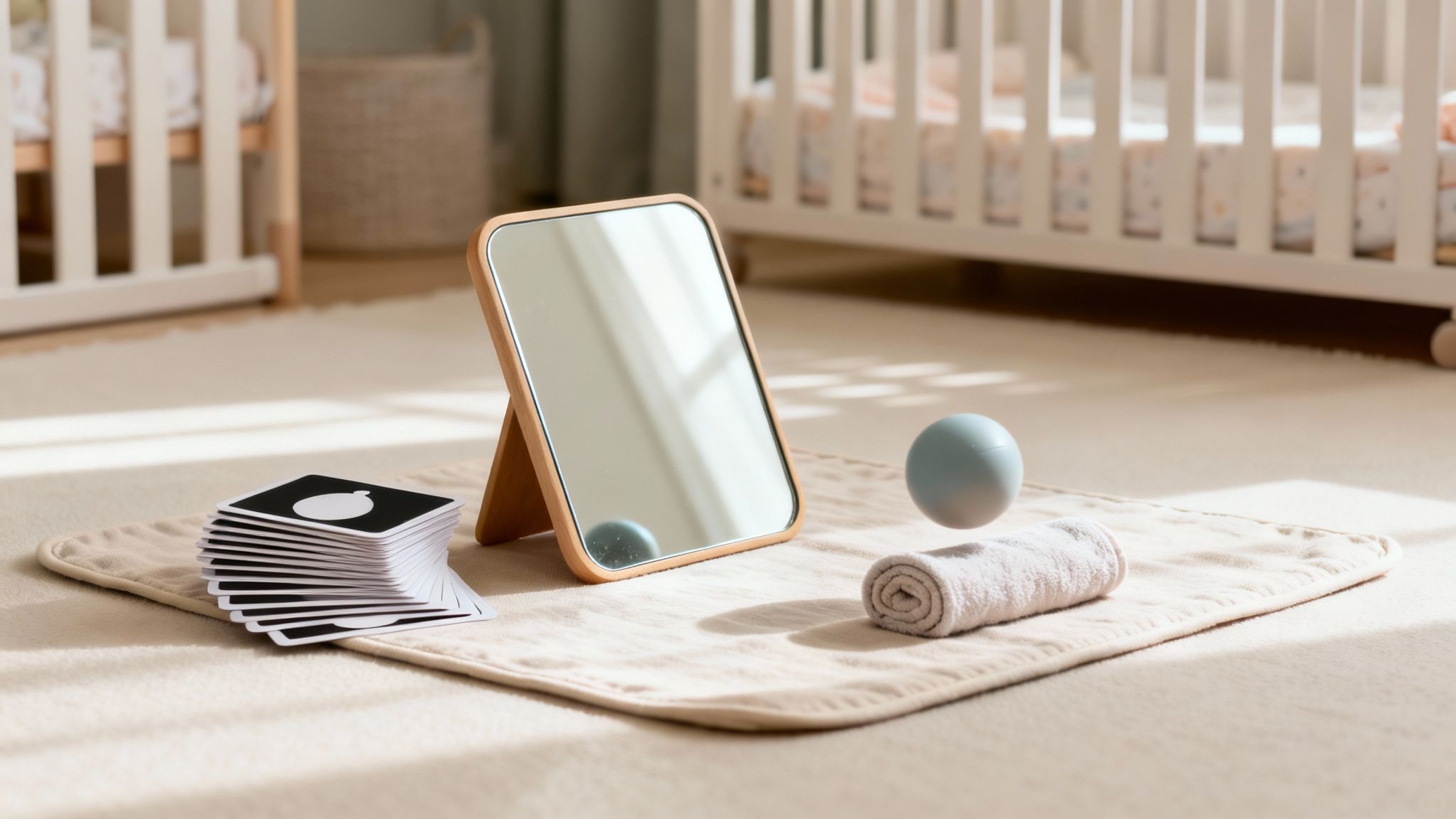 Nursery floor play setup with a mirror, high-contrast cards, ball, and rolled towel on a rug.
