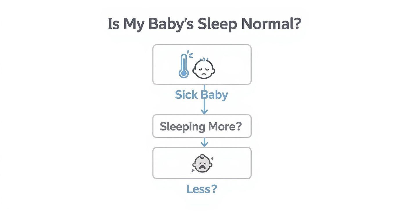 Flowchart analyzes if a sick baby's sleep is normal, considering sleeping more or less.