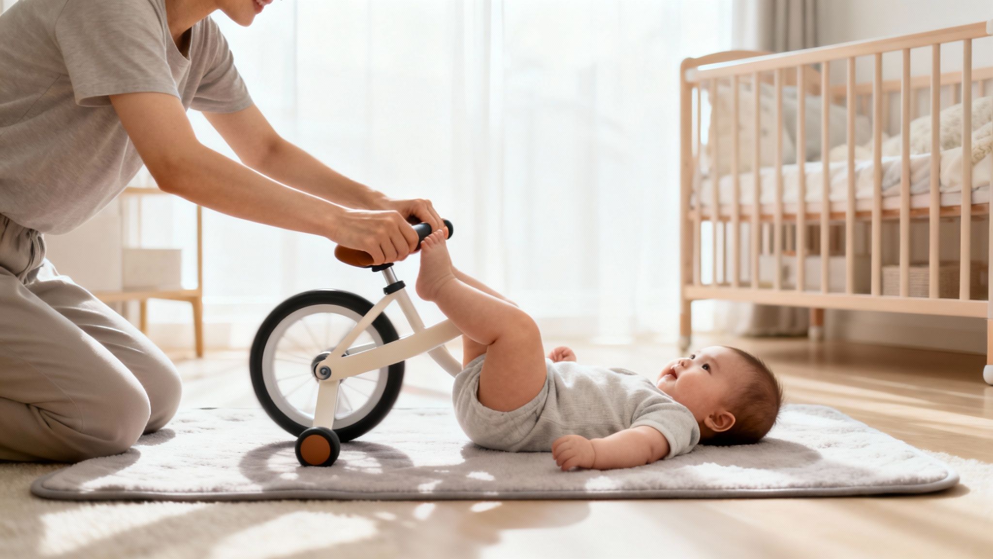 A parent kneels, helping a baby on a soft mat interact with a tiny balance bike.