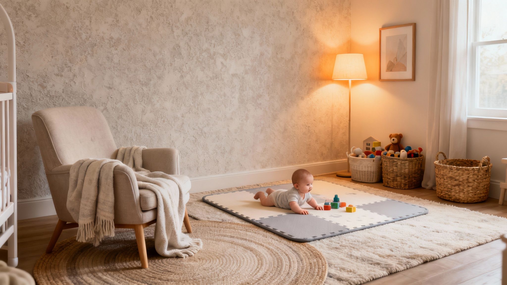 A cozy nursery room with a baby playing on a mat, an armchair, and soft lighting.