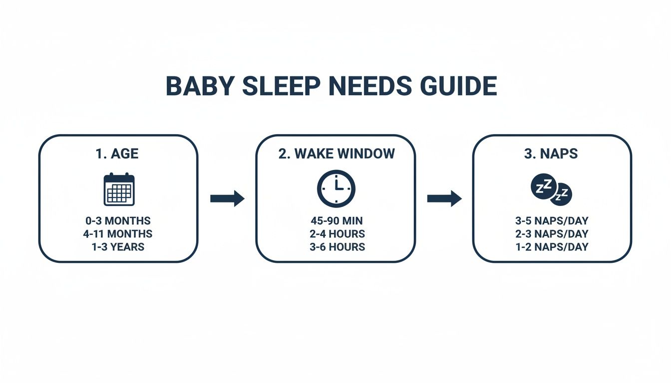 A guide detailing baby sleep needs by age, including wake windows and daily naps required for infants and toddlers.